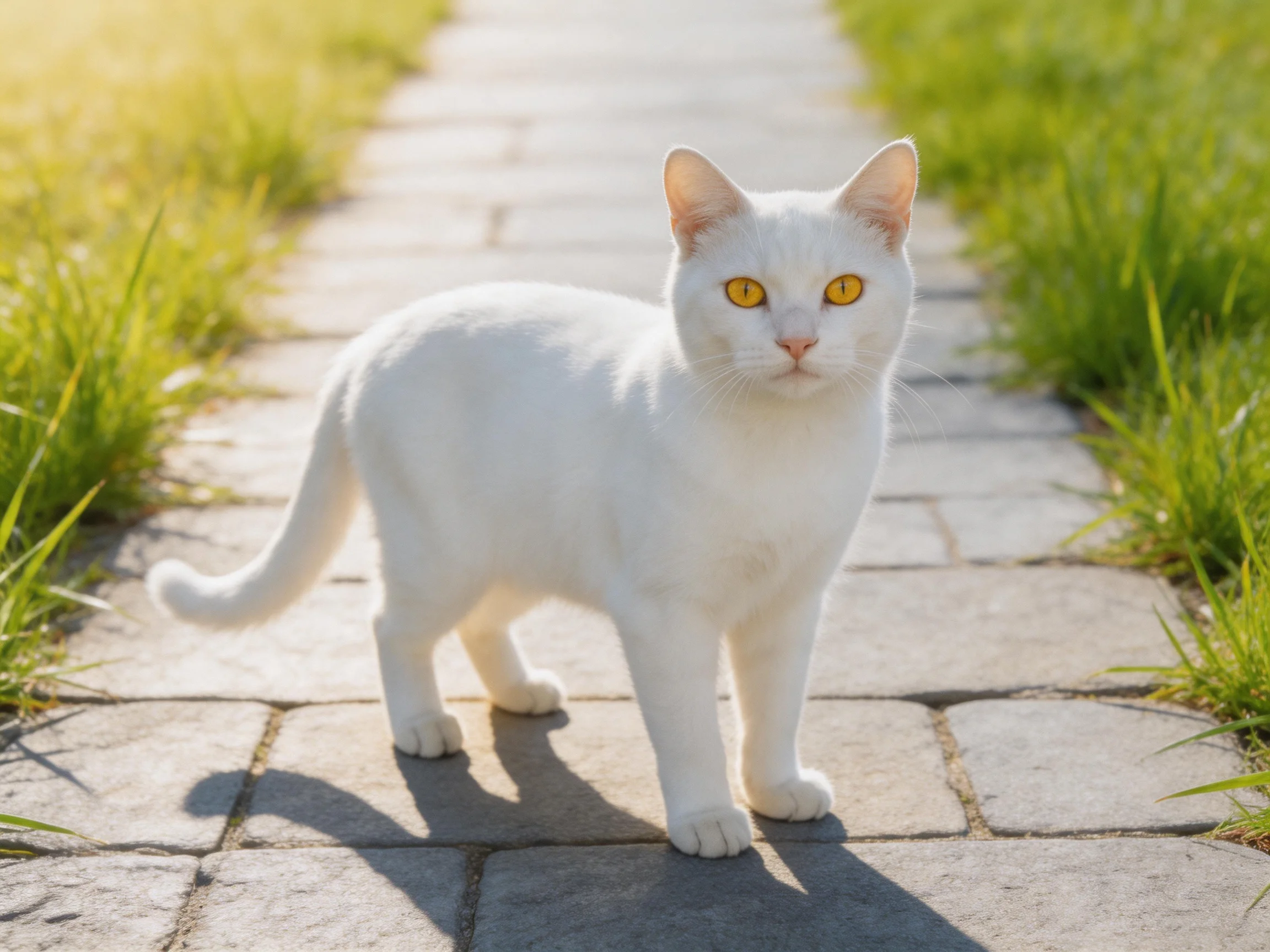 A white cat with yellow eyes stands on a stone pathway near green grass.