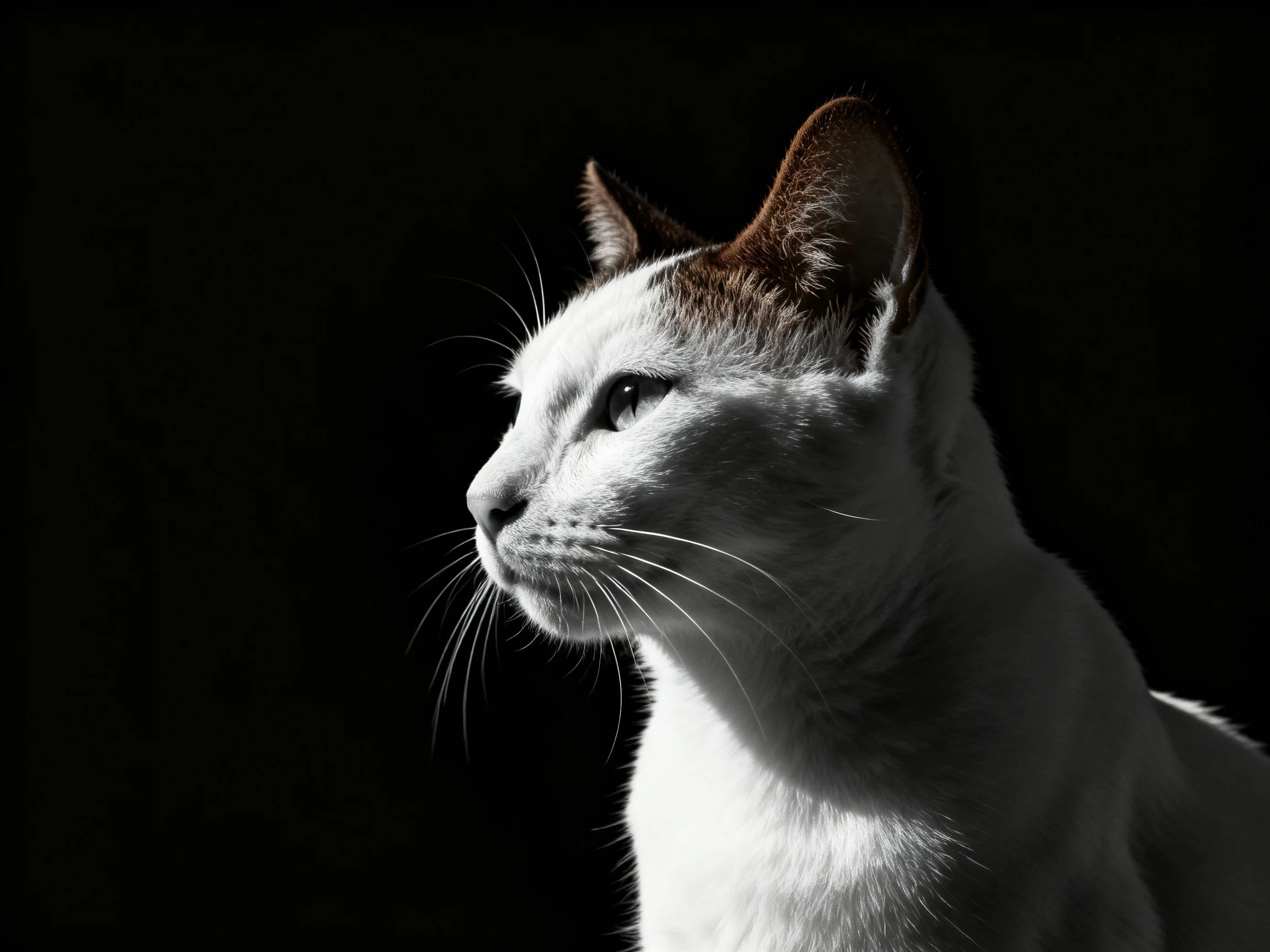 A white cat with brown ears set against a stark black backdrop