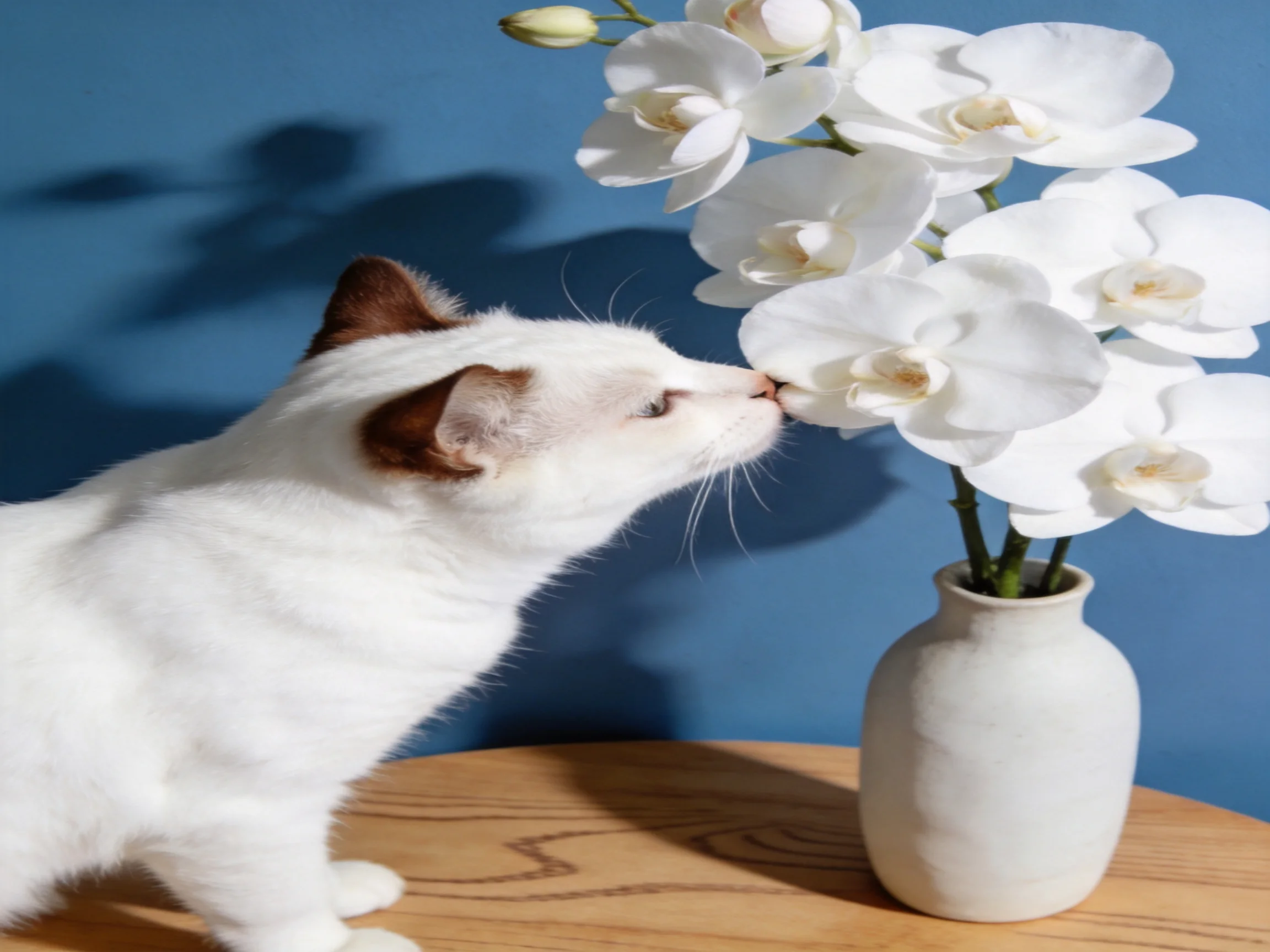 A white cat with brown ears sniffs white orchids in a beige vase