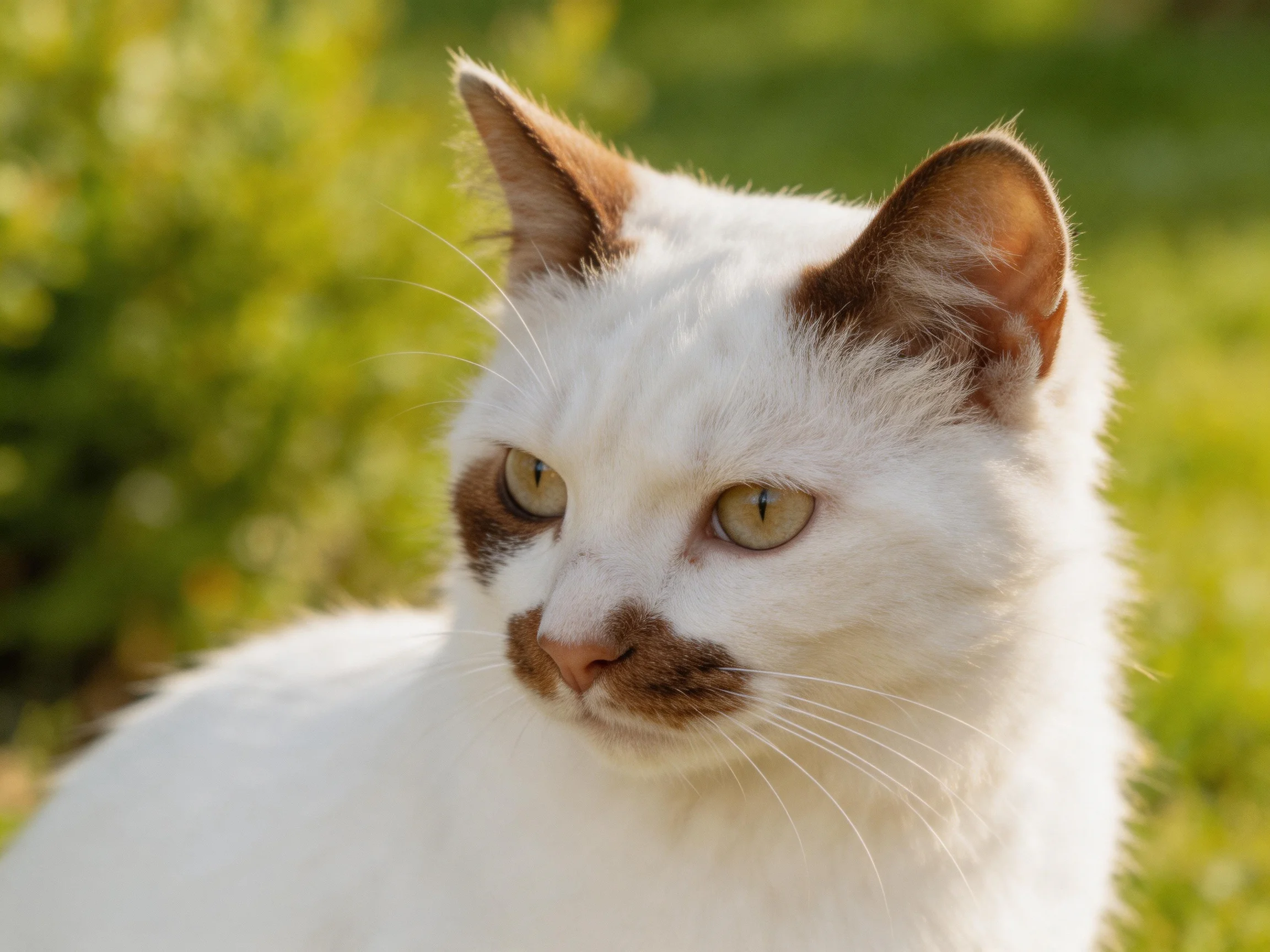 A white cat with brown facial markings sits amid lush green vegetation.