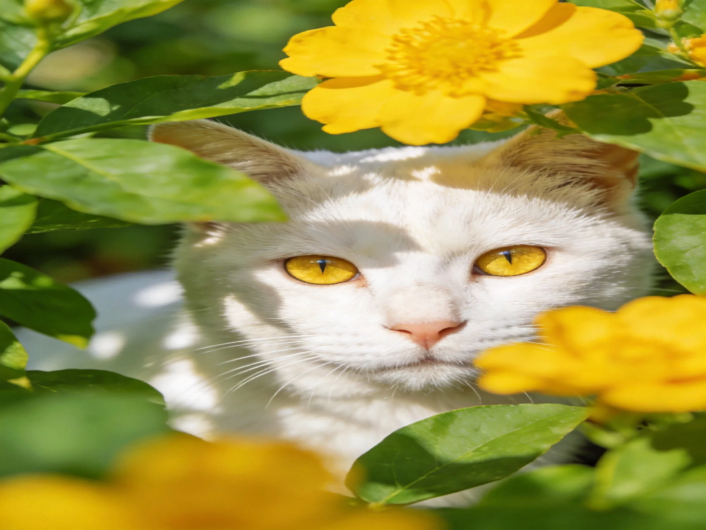 A white cat with golden eyes hides amid bright yellow flowers and green foliage