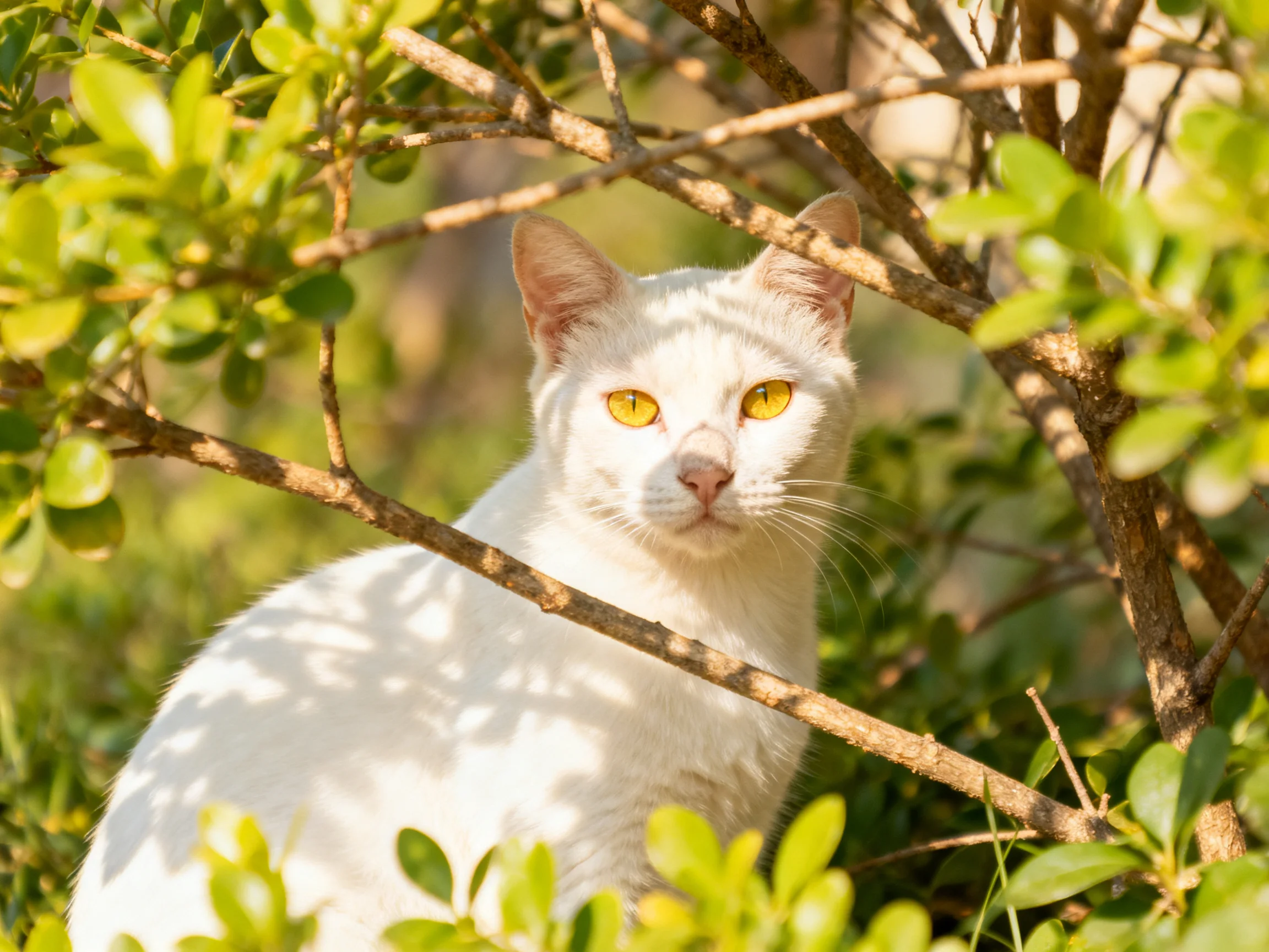 A white cat with golden eyes hides among lush green branches
