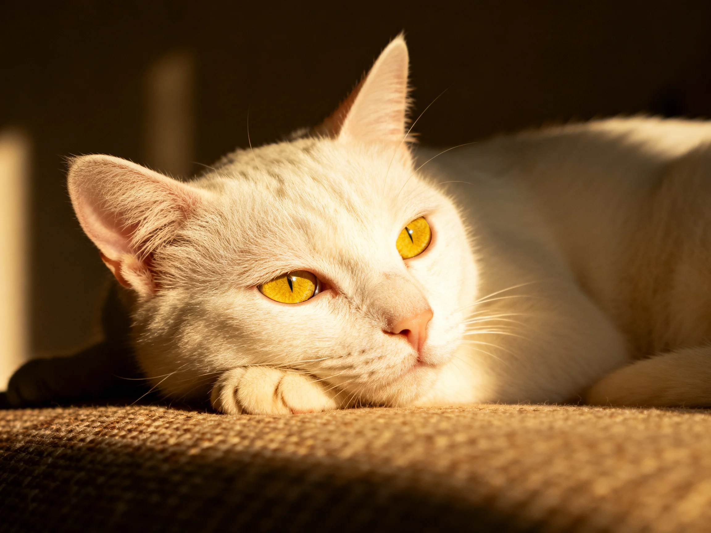A white cat with golden eyes relaxes on a soft fabric surface.