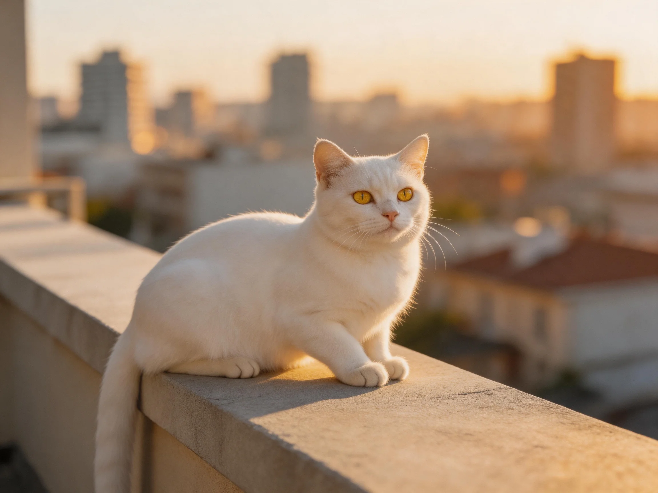 A white cat with golden eyes rests on a balcony railing near a city sunset