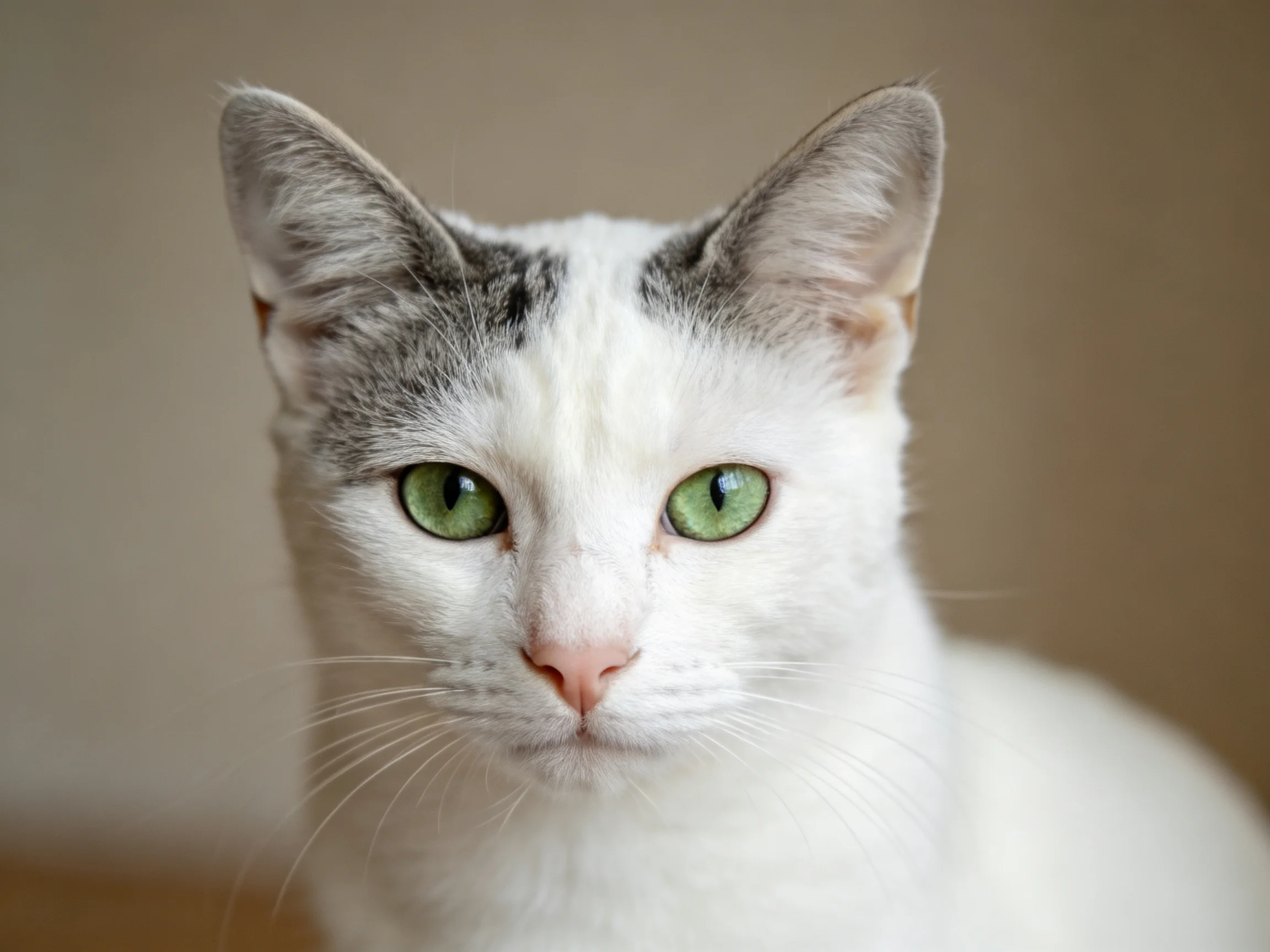 A white cat with gray markings and green eyes looks directly at the viewer.