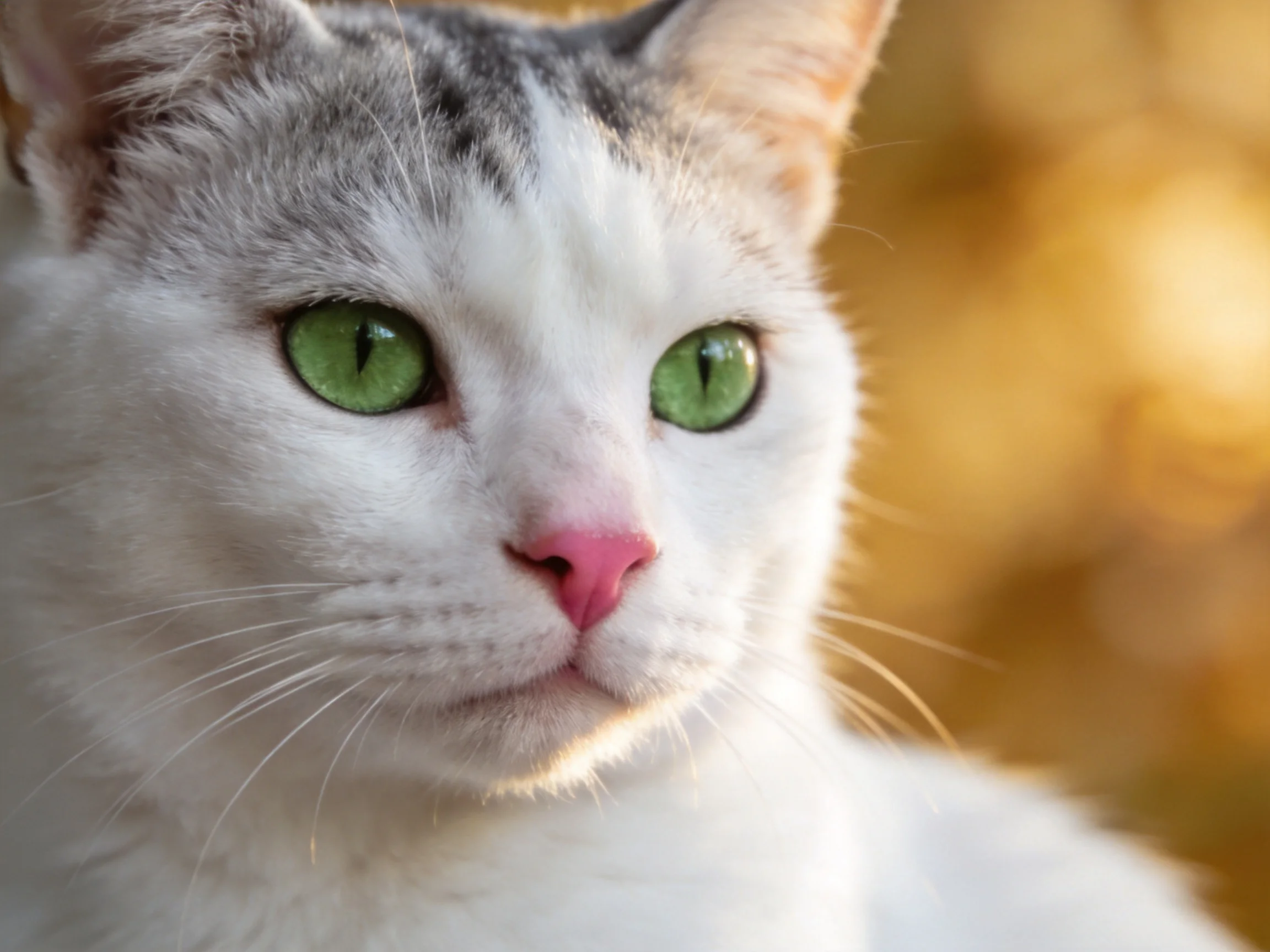 A white cat with gray markings and bright green eyes in a golden bokeh background