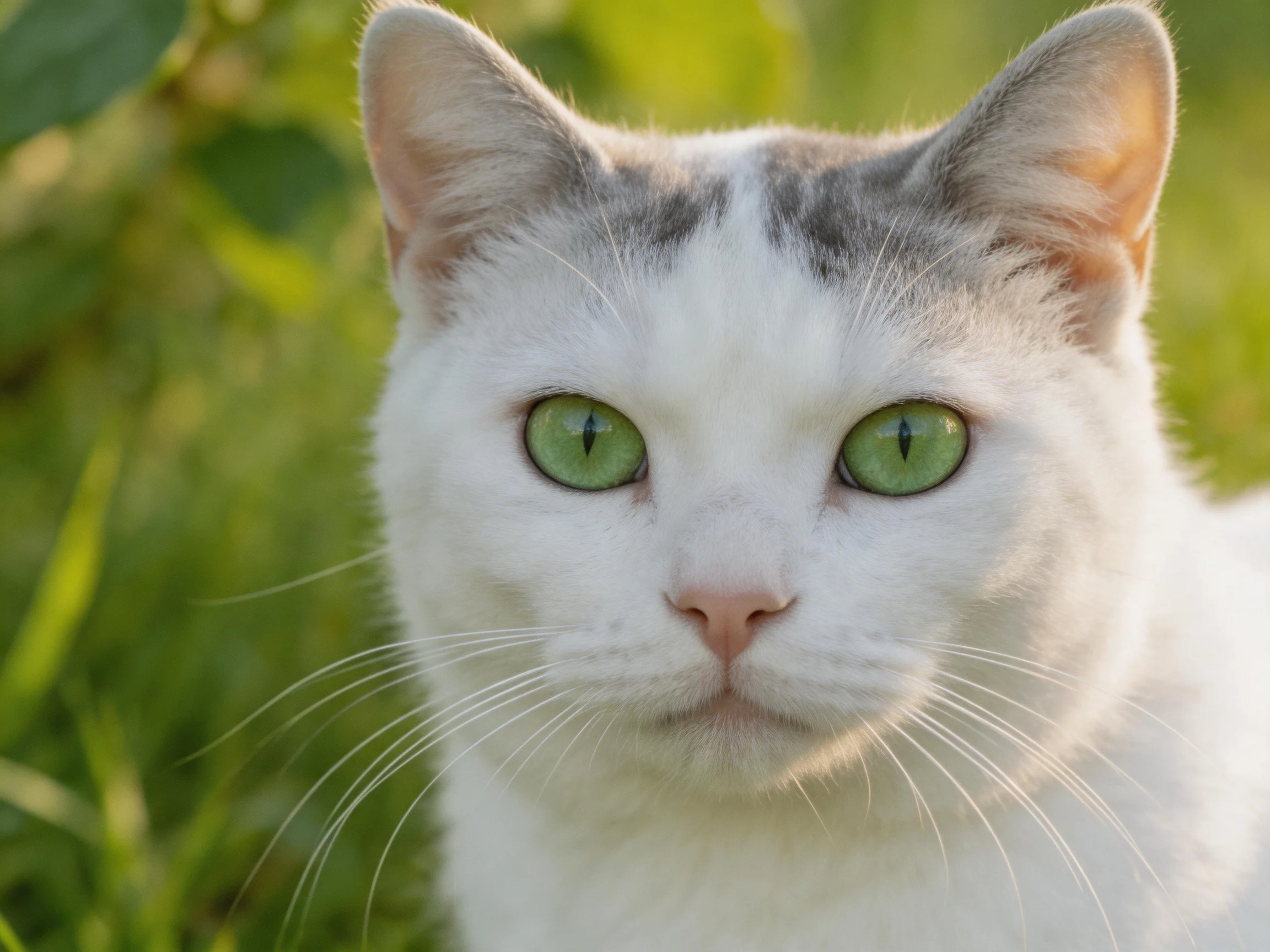 A white cat with gray markings and bright green eyes in a grassy setting