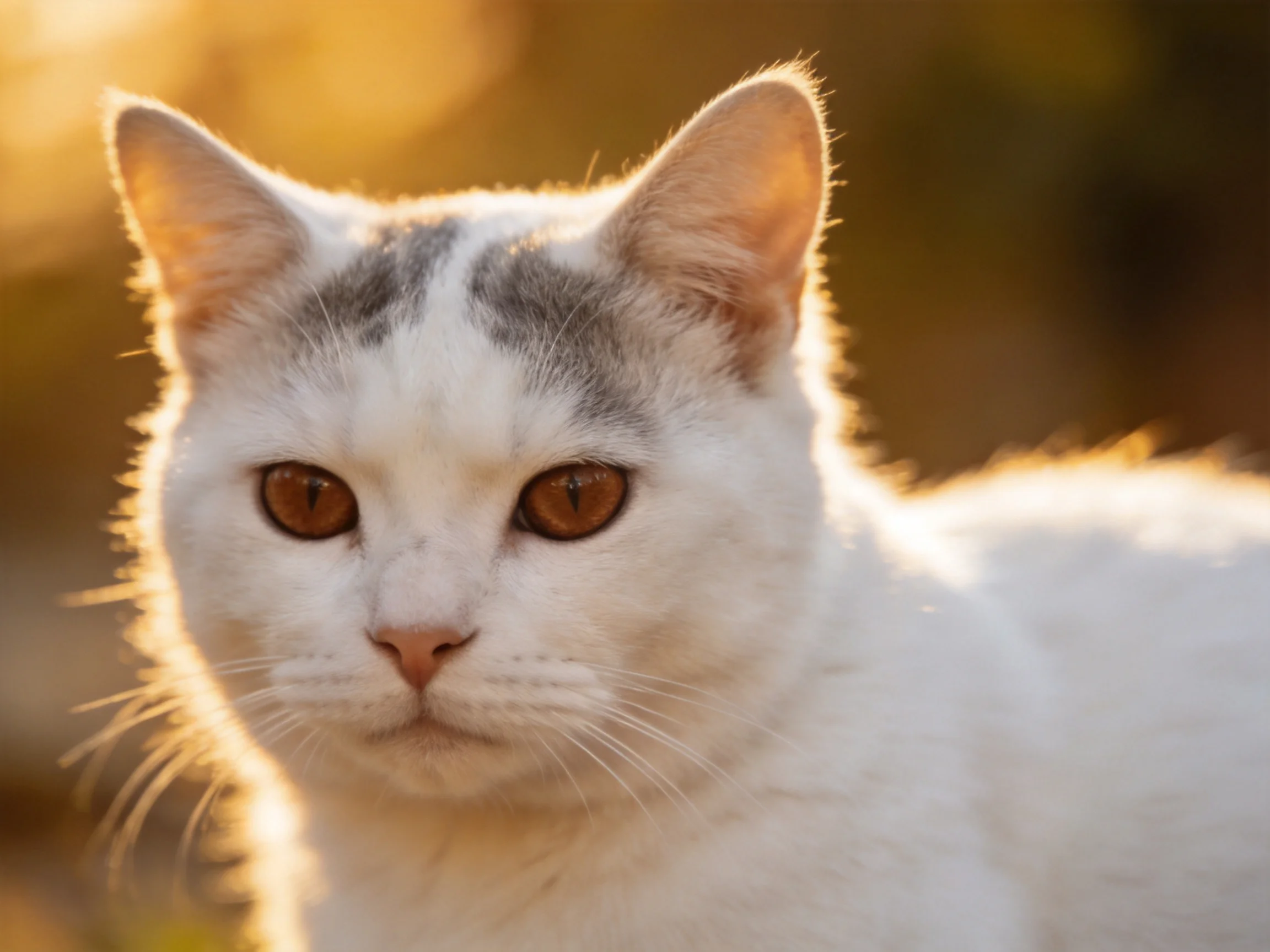 A white cat with gray markings gazes serenely in golden sunlight