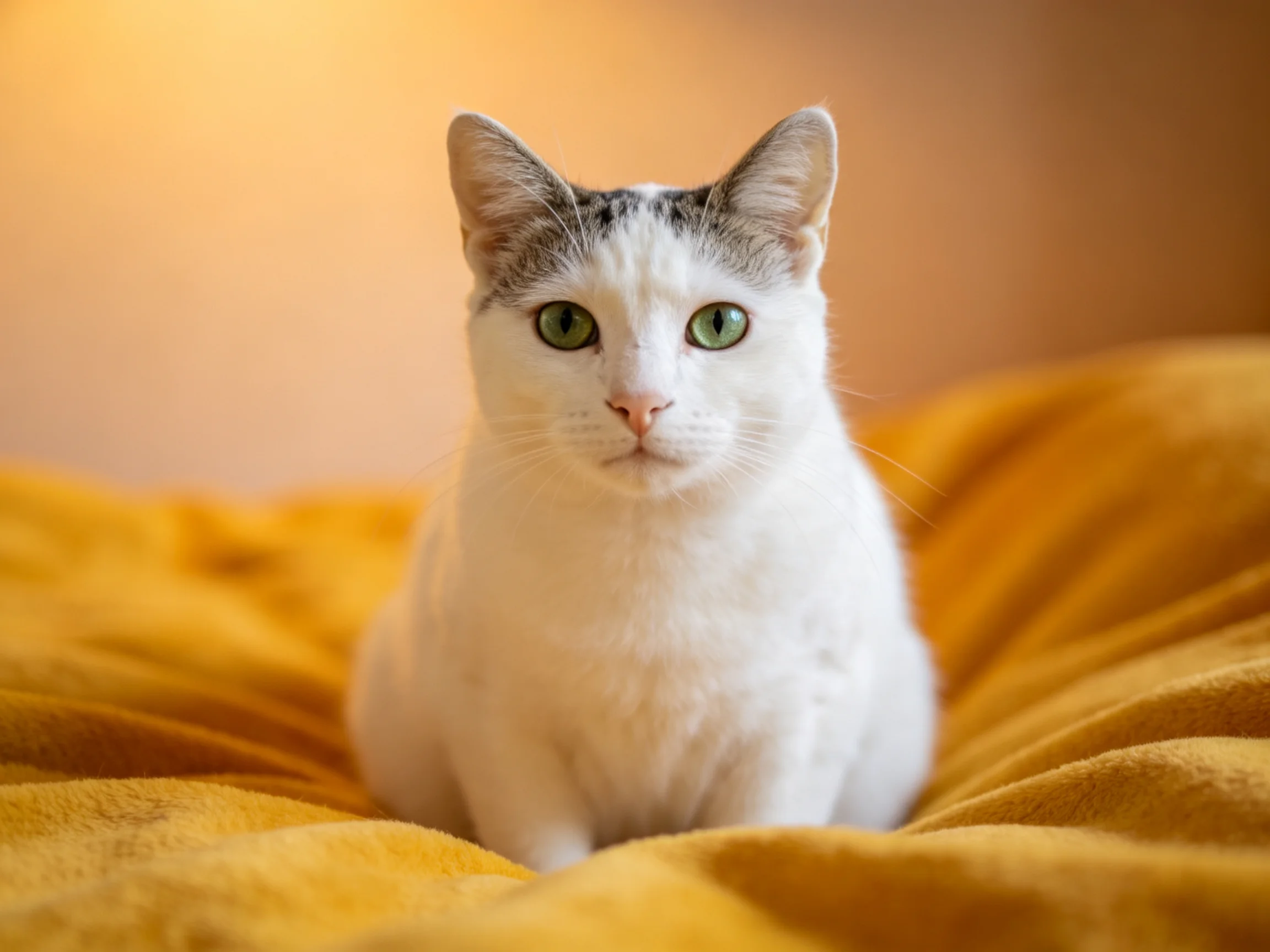 A white cat with gray markings sits on a soft yellow blanket