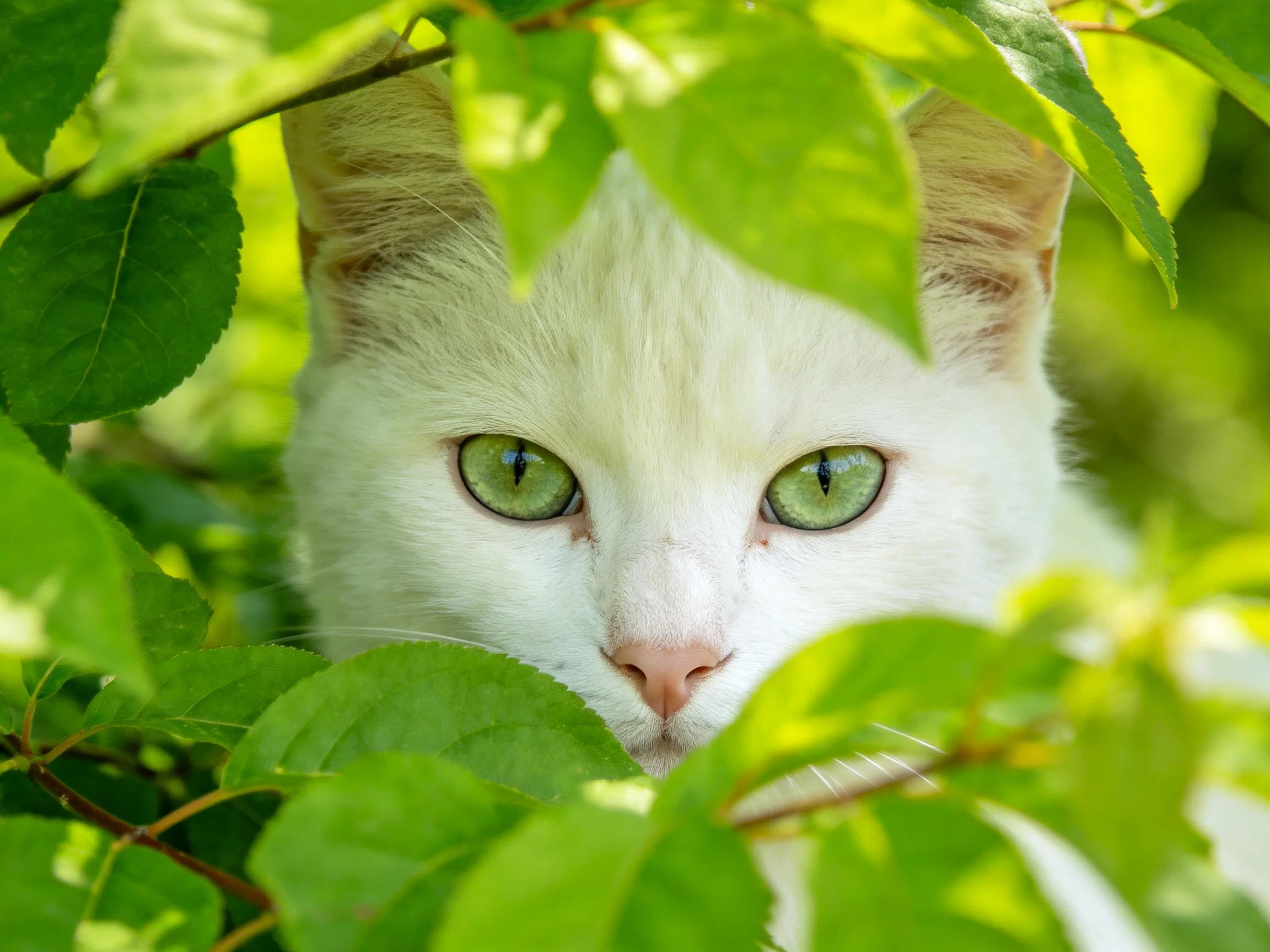 A white cat with green eyes peeks from green leaves