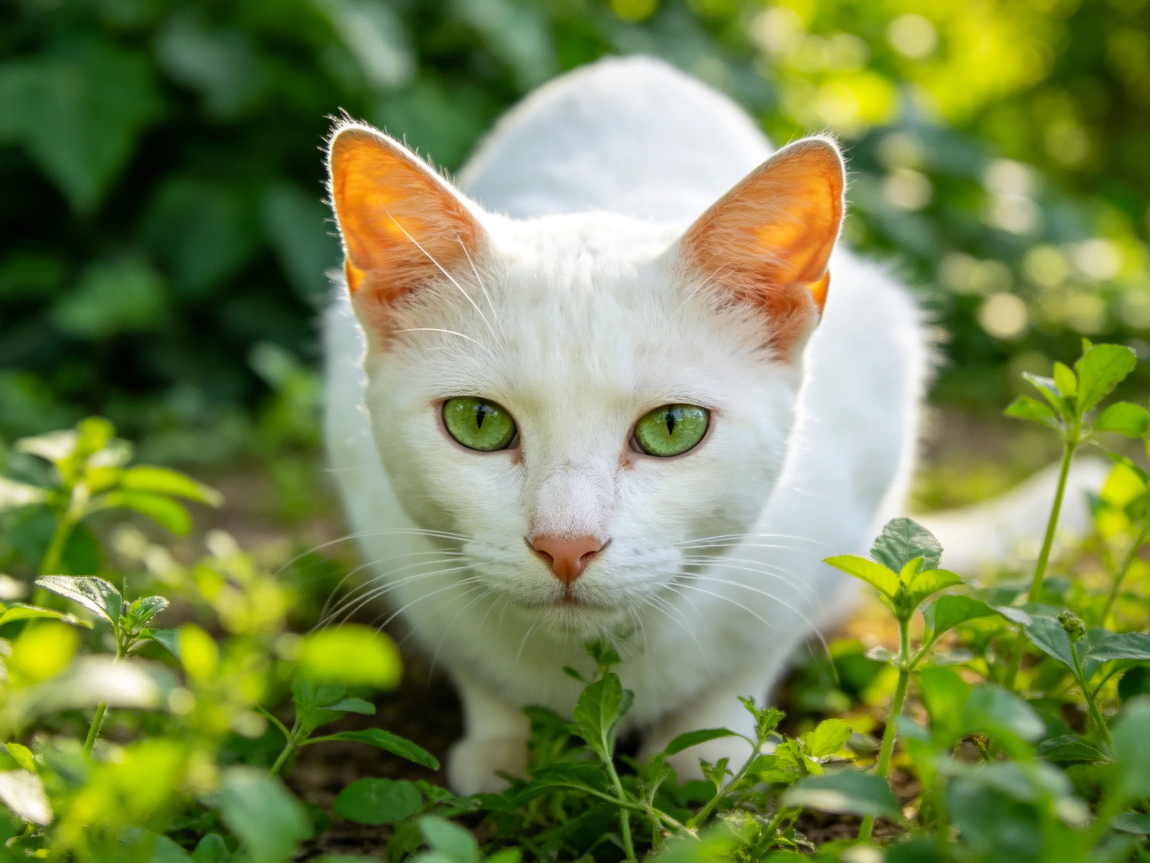 A white cat with green eyes explores lush green foliage.
