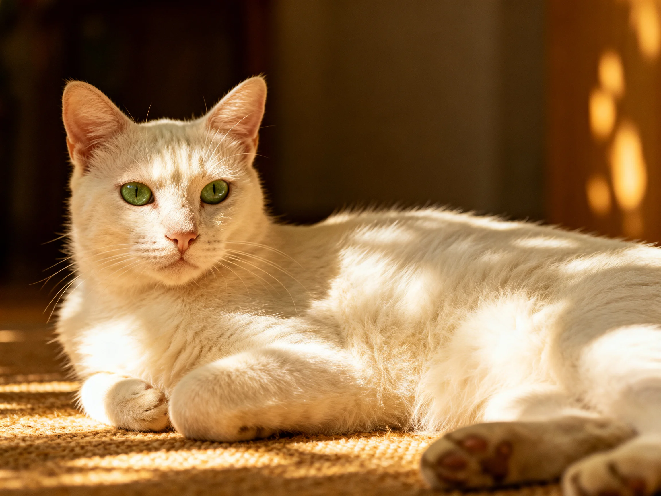 A white cat with green eyes lounges in golden sunlight