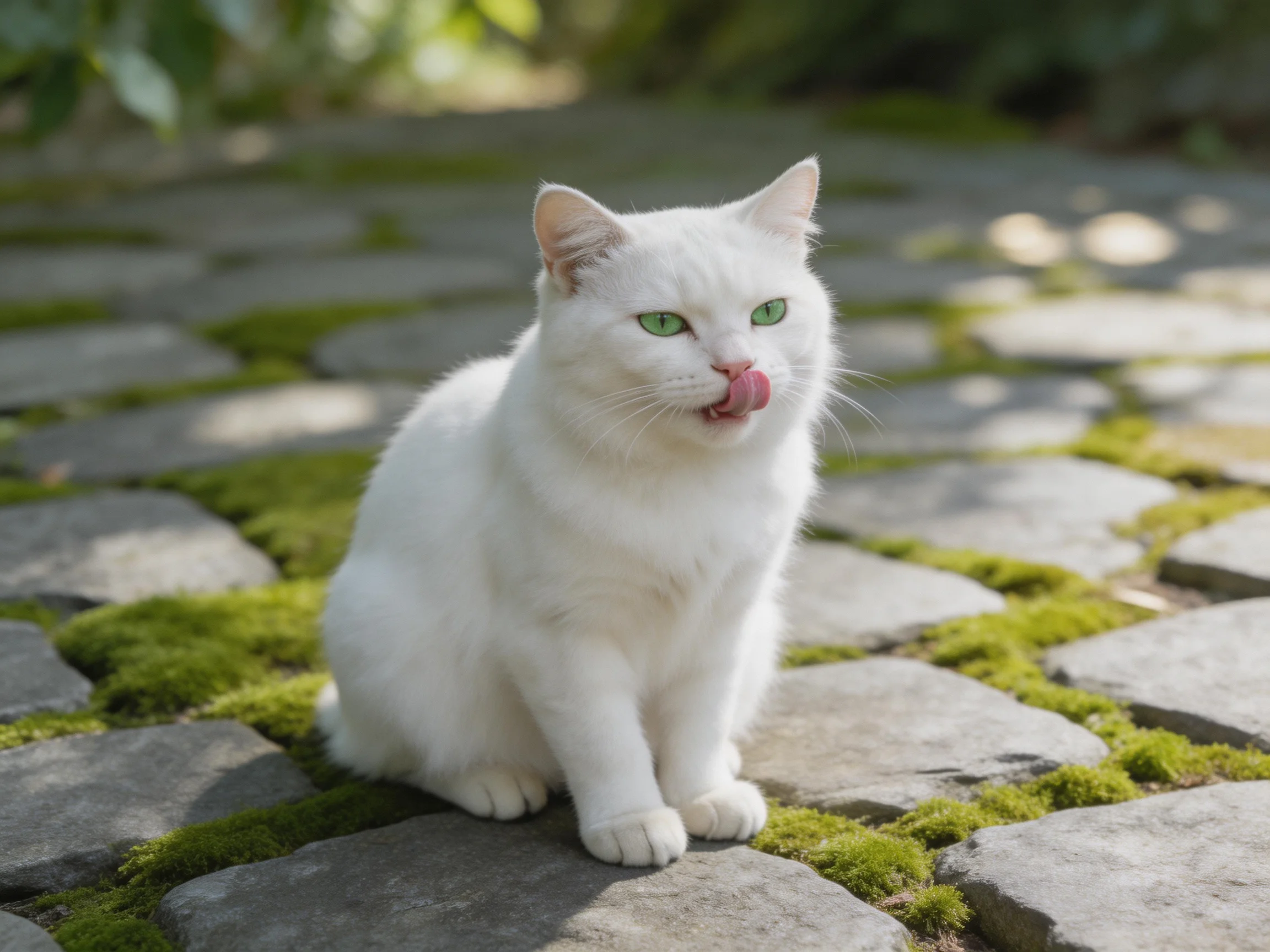 A white cat with green eyes sits on a mossy stone path.