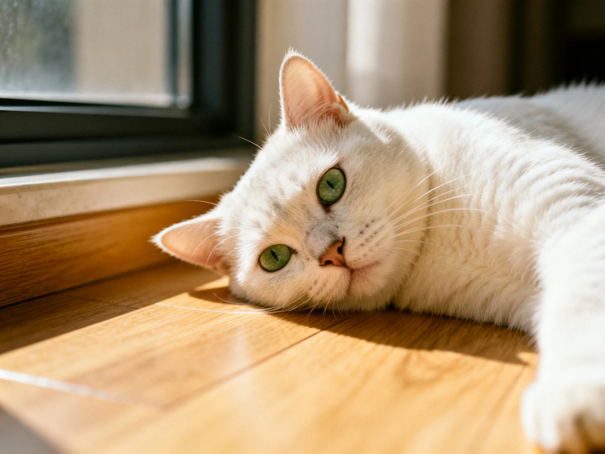 A white cat with green eyes relaxes by a sunlit windowsill.