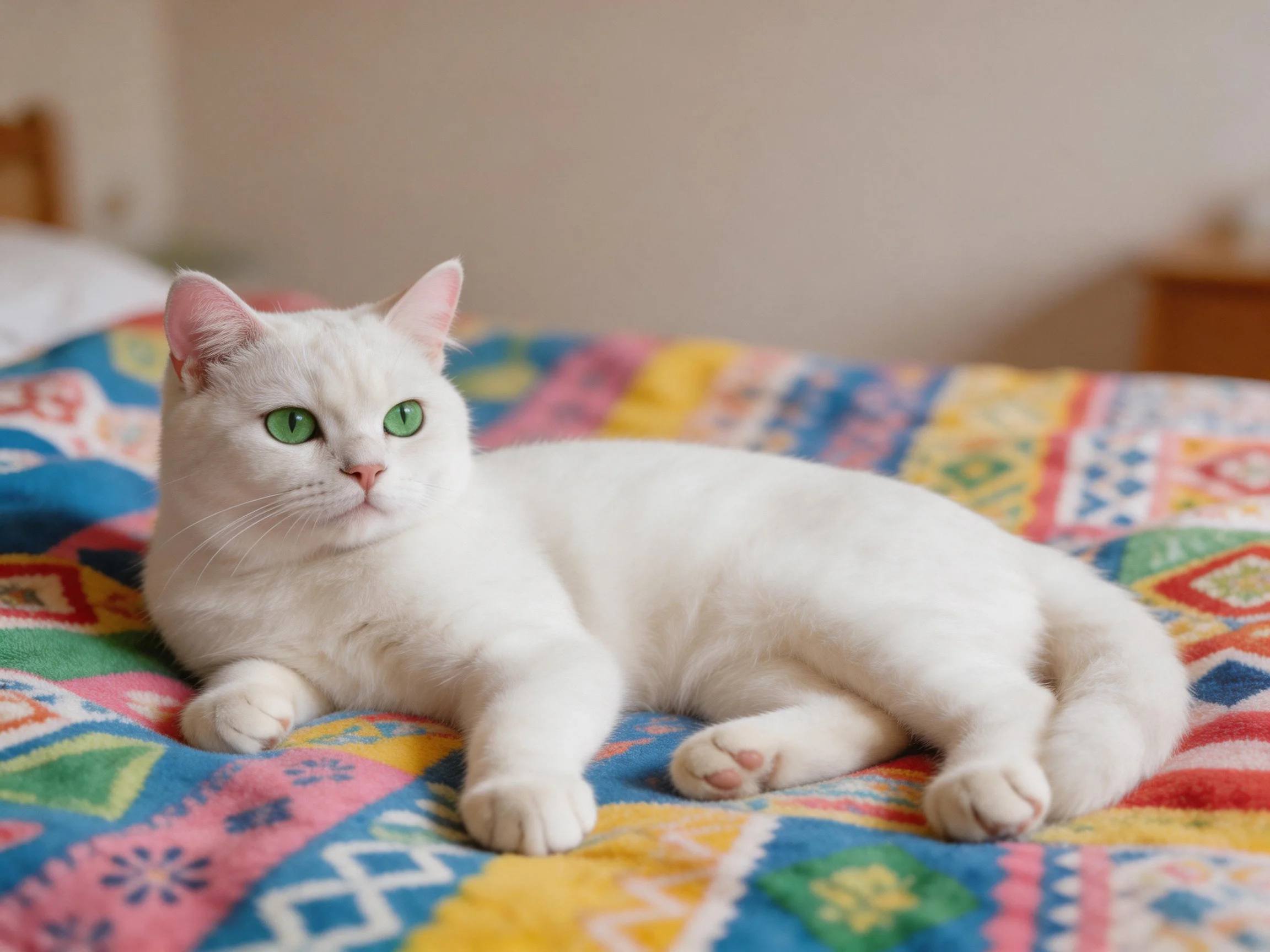 A white cat with green eyes lies on a colorful bedspread.