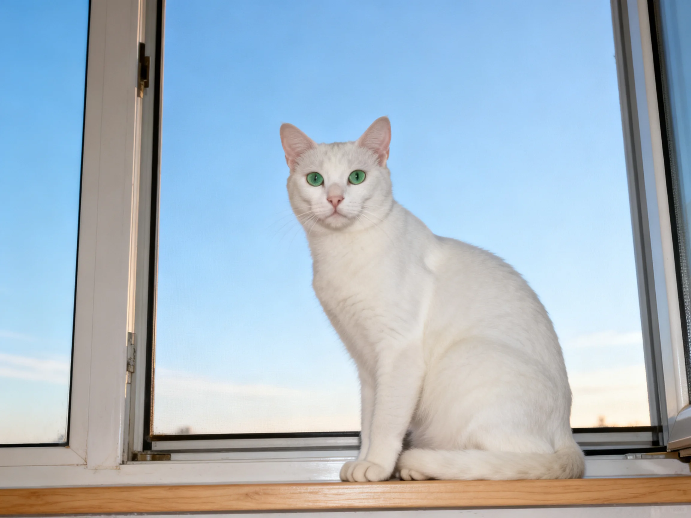 A white cat with green eyes sits by an open window with clear blue sky