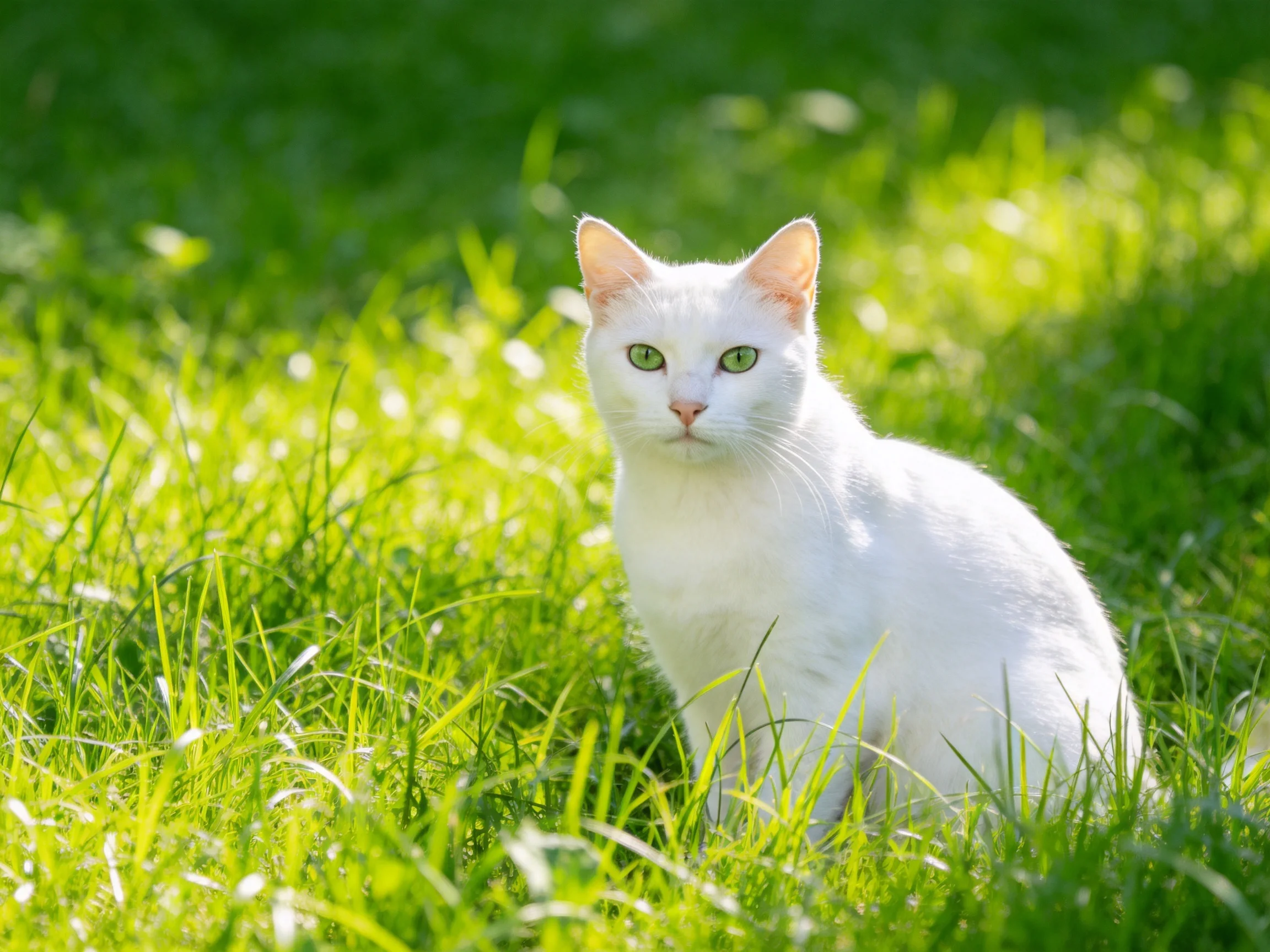 A white cat with green eyes sits in sunlit green grass.
