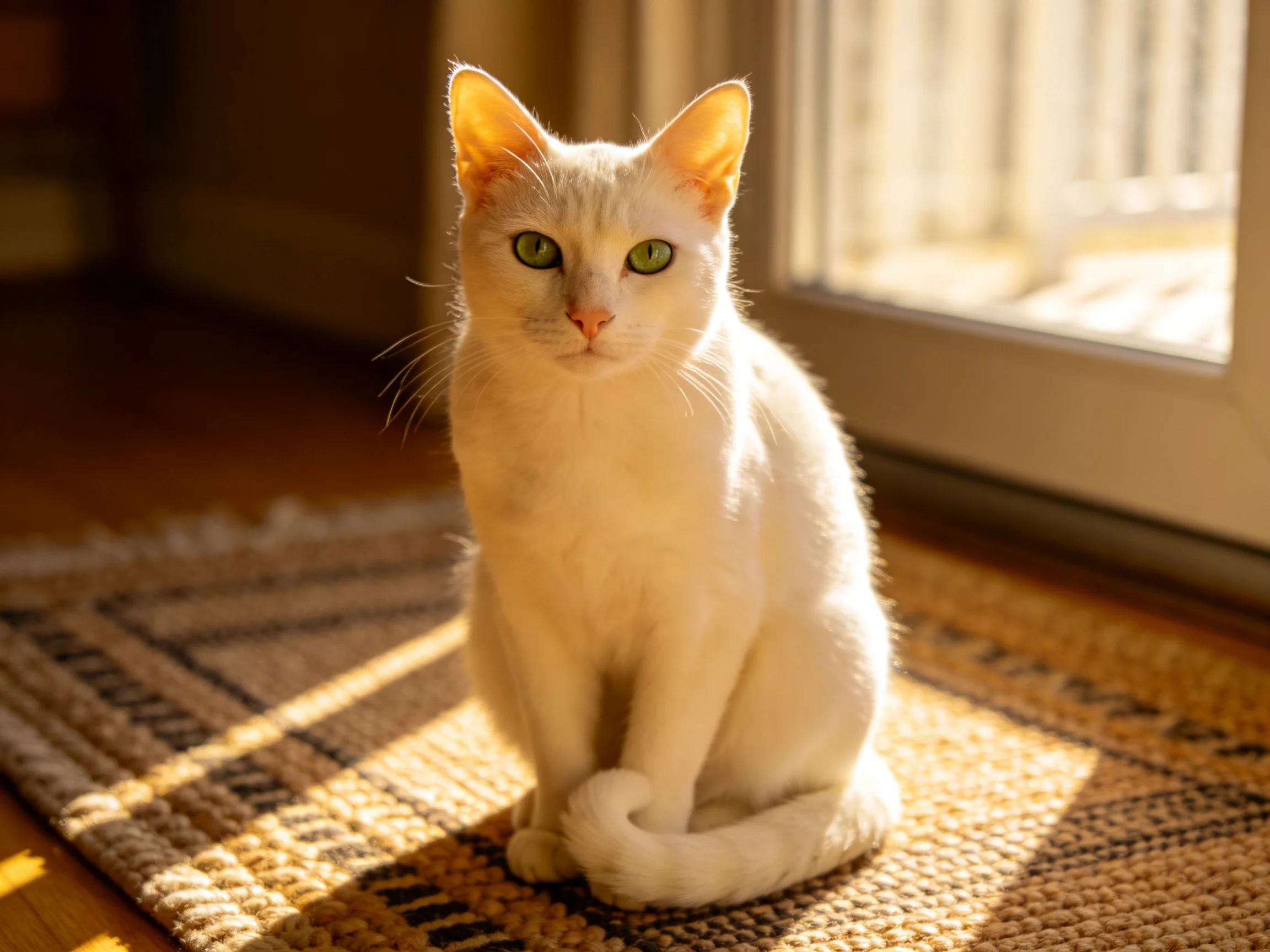 A white cat with green eyes sits on a rug near a sunlit sliding door.