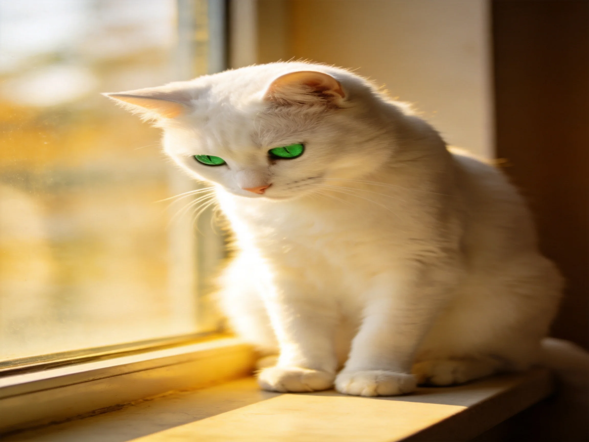 A white cat with green eyes sits on a sunlit windowsill.