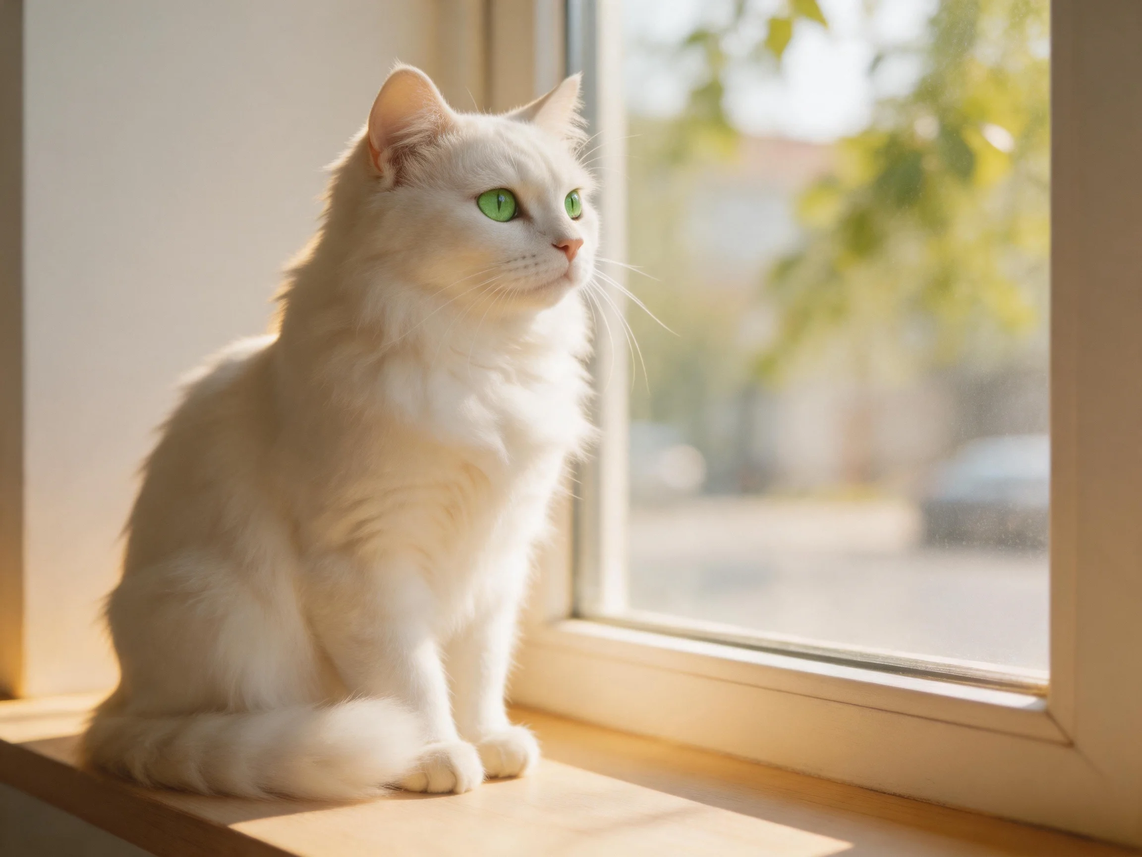 A white cat with green eyes rests by an open window.