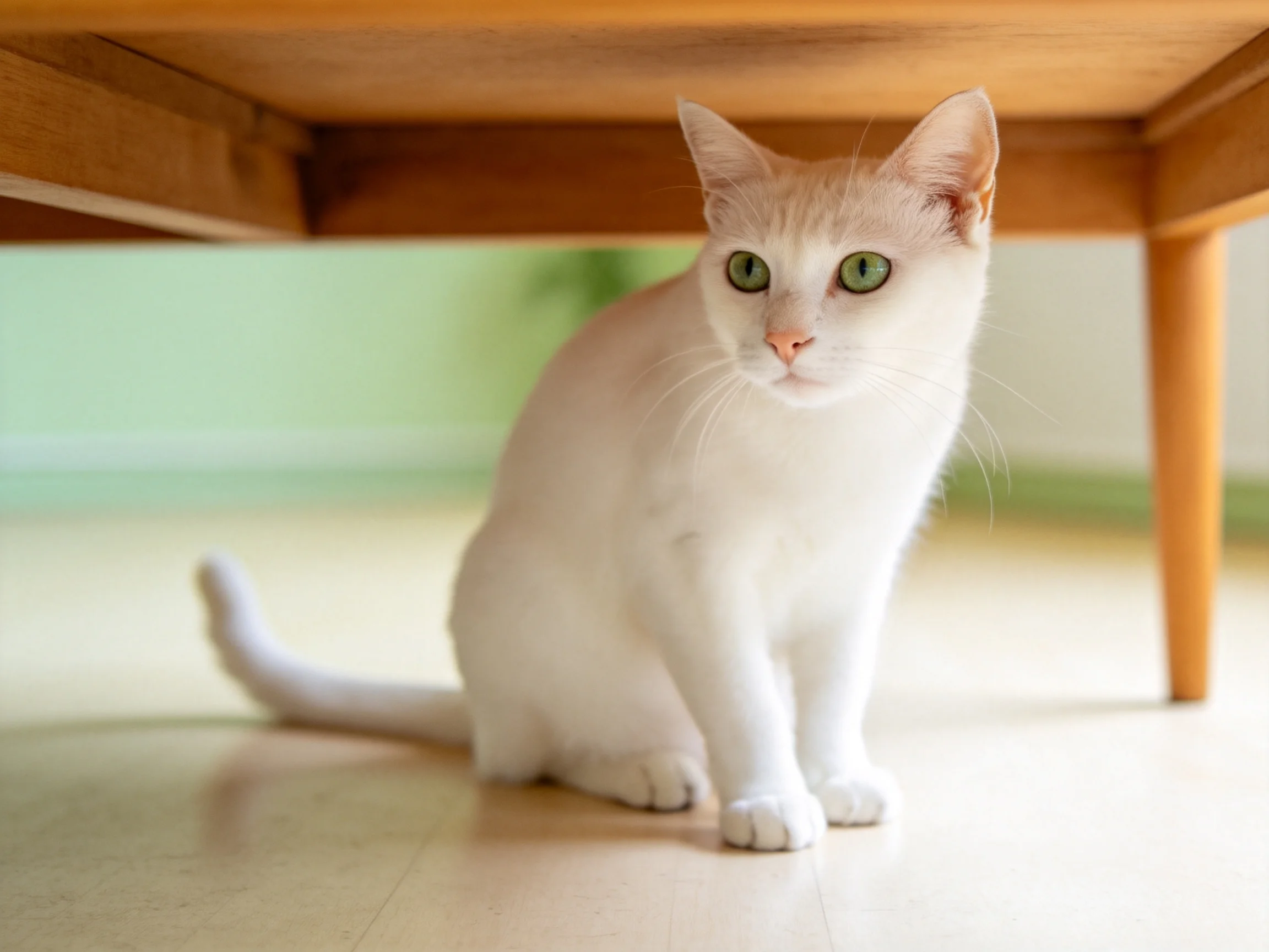 A white cat with green eyes sits under a wooden table.