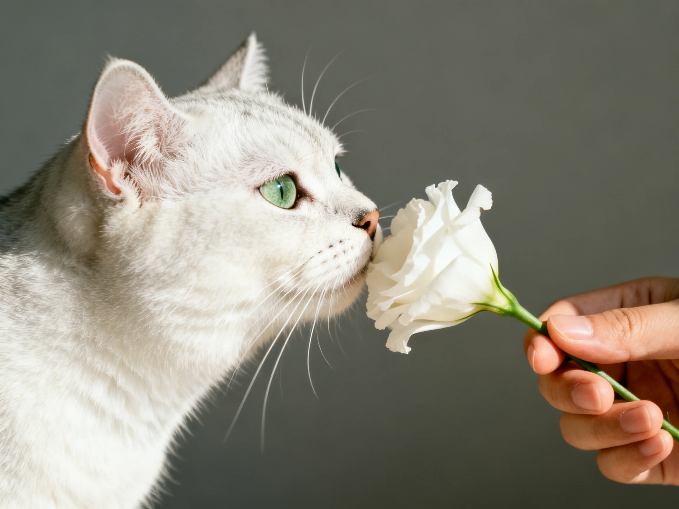 A white cat with green eyes sniffs a white flower held by a hand
