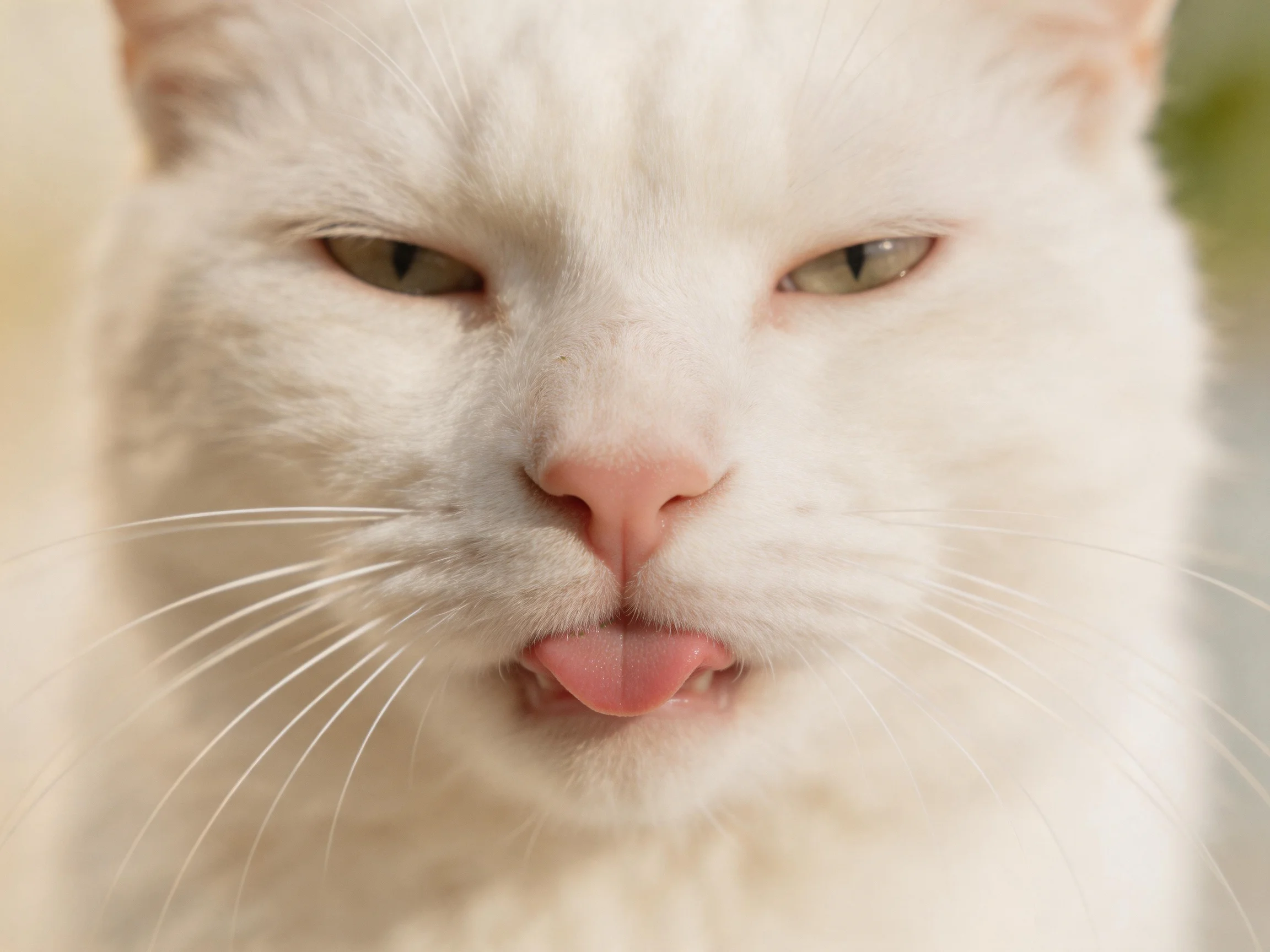 A white cat with green eyes sticks out its tongue in a relaxed setting