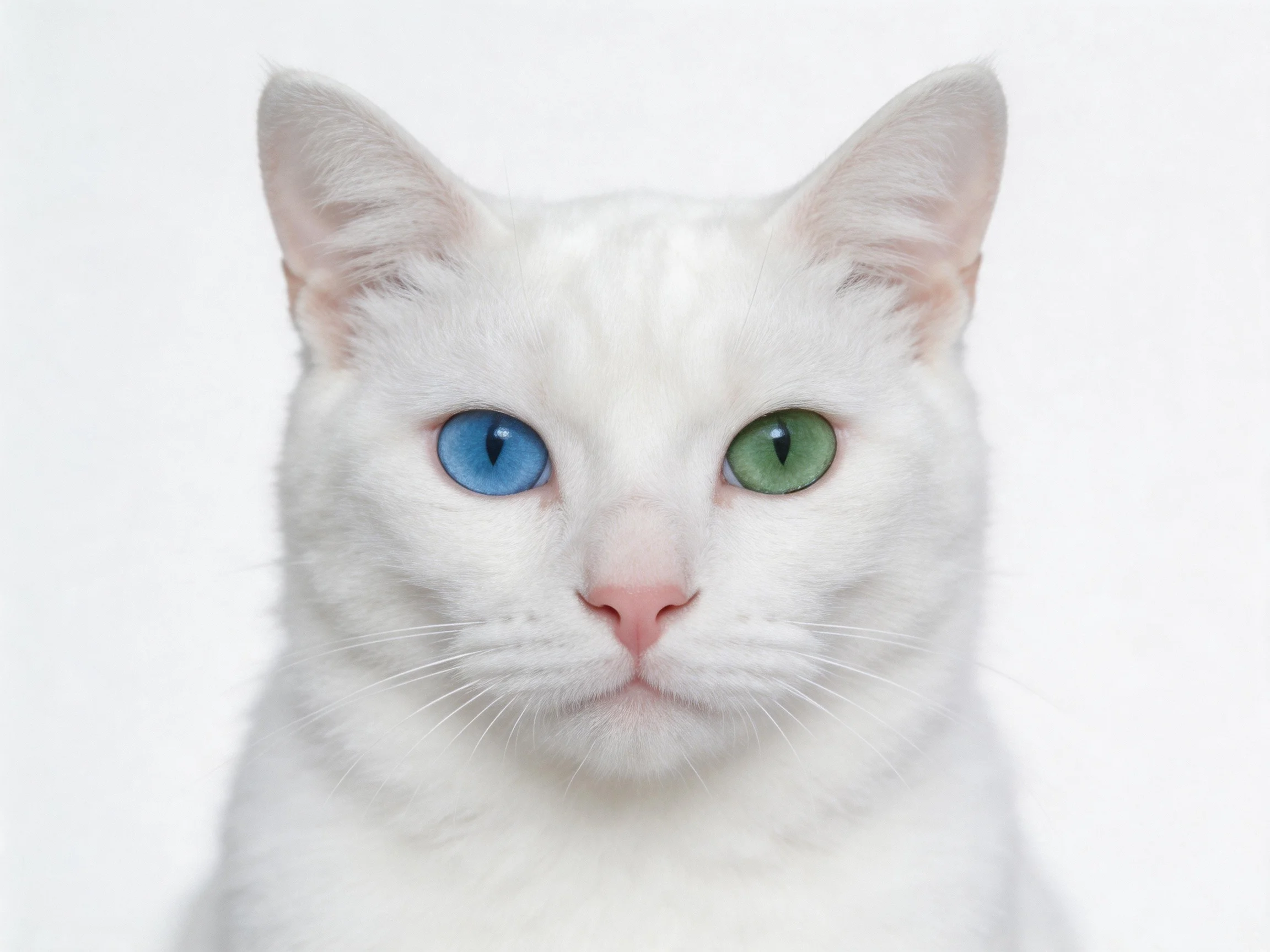 A white cat with differently colored eyes sits against a plain white background.