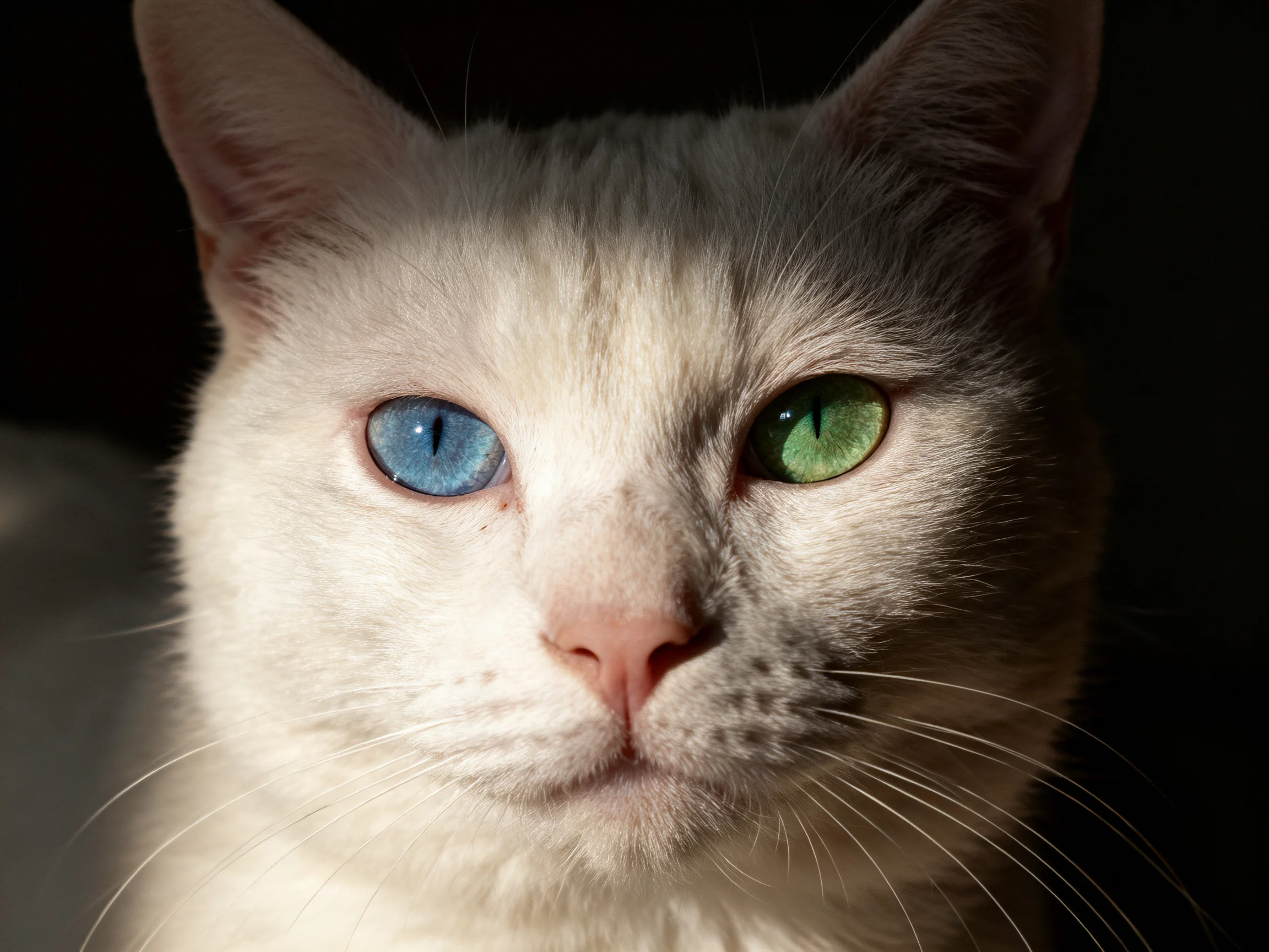 A white cat with two differently colored eyes is shown in dim lighting.