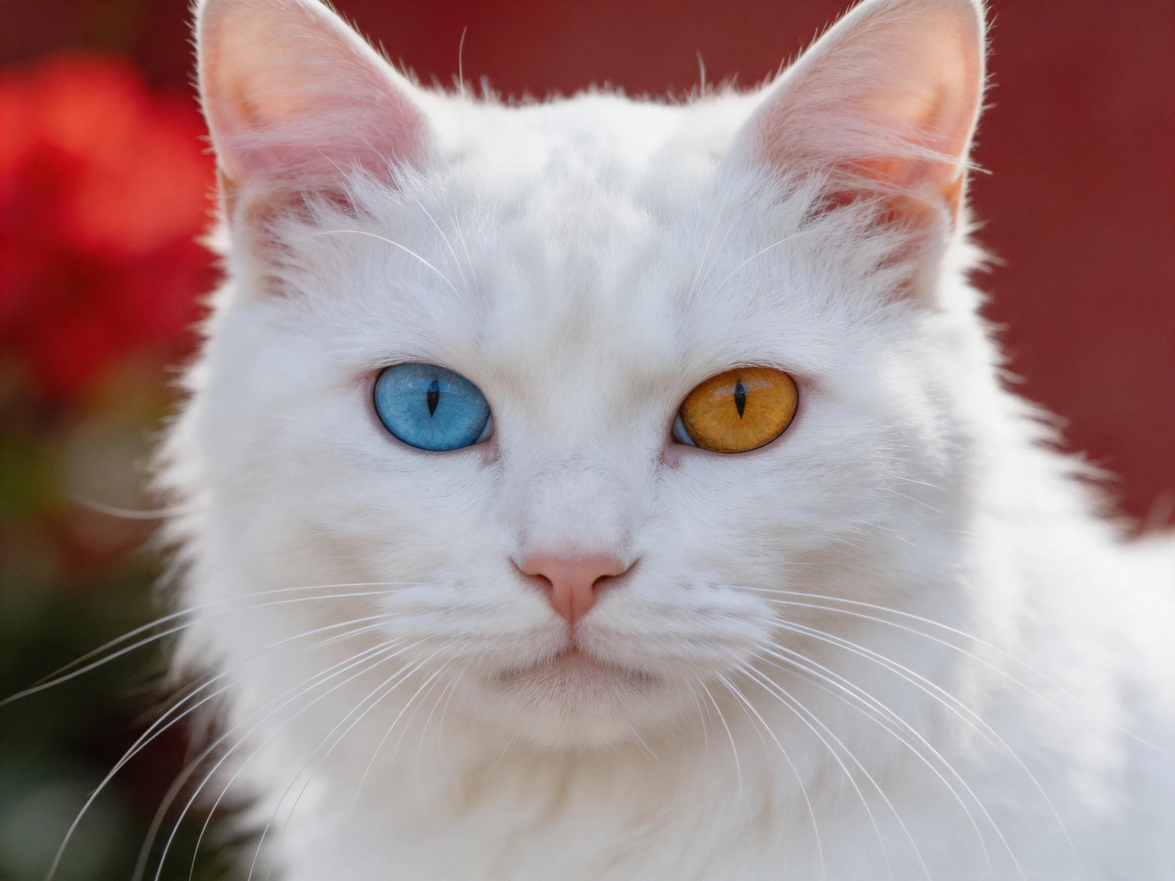 A close - up of a white cat with differently colored eyes in front of a blurred red floral background.