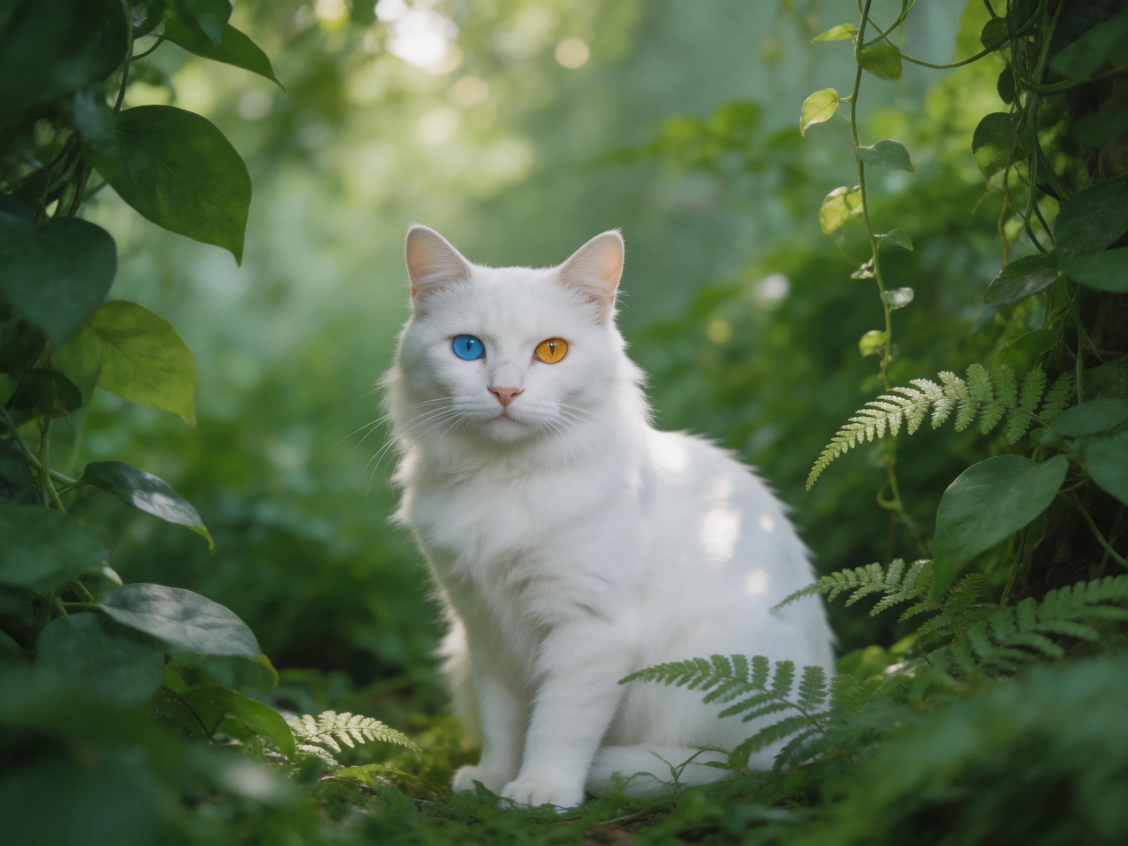 A white cat with two differently colored eyes sits among dense green plants.