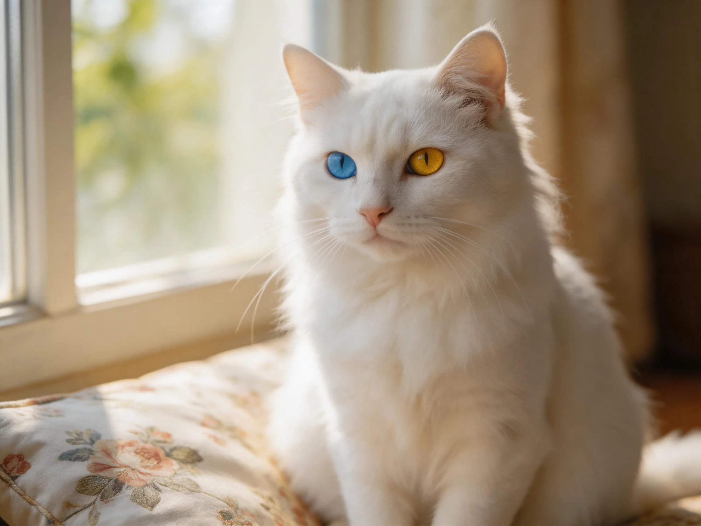 A white cat with differently colored eyes sits near a sunlit window.