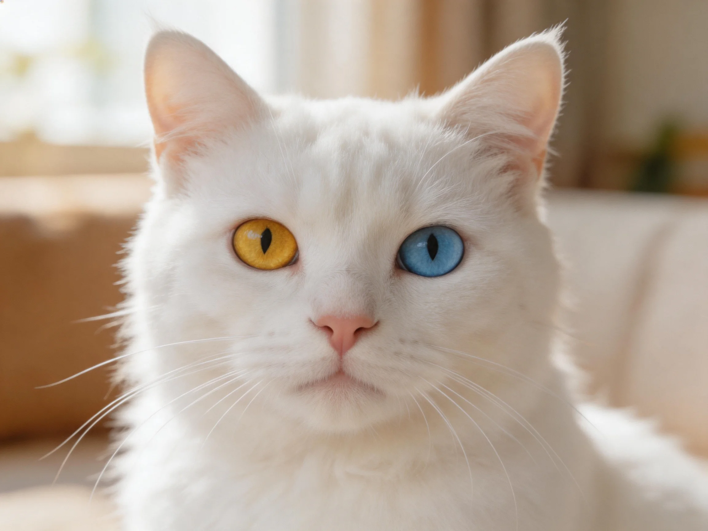 A white cat with differently colored eyes rests calmly in a well-lit indoor space.
