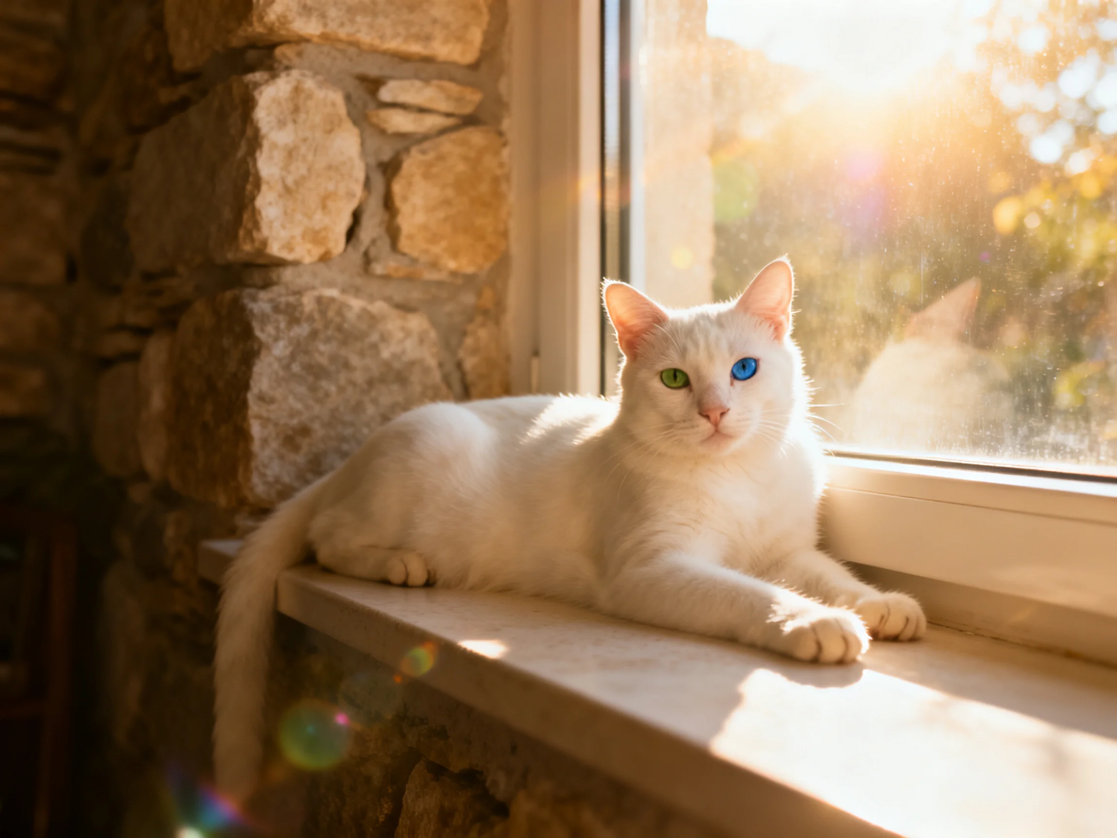 A white cat with two-toned eyes relaxes on a sunlit windowsill next to a stone wall