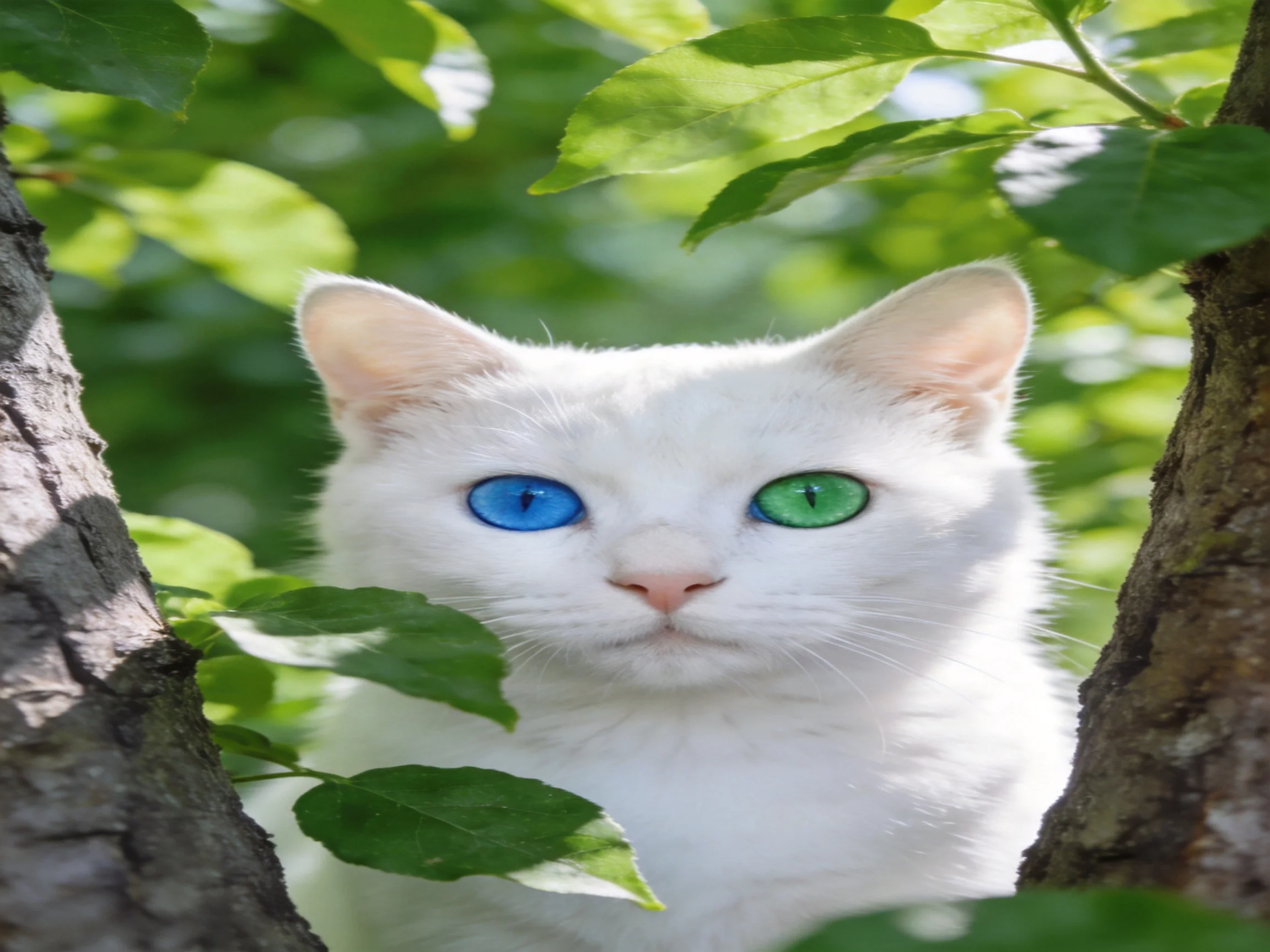 A white cat with differently colored eyes hides amid trees and greenery.
