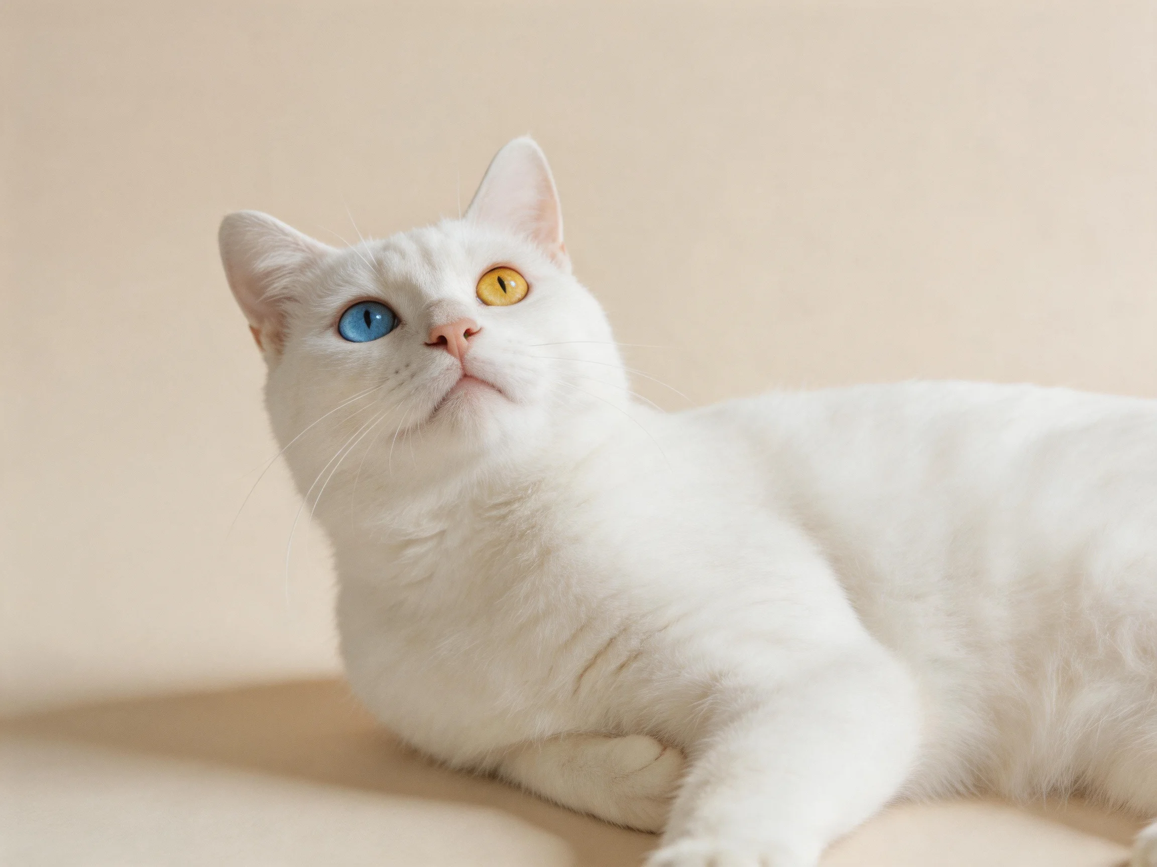 A white cat with differently colored eyes rests on a neutral-toned surface.