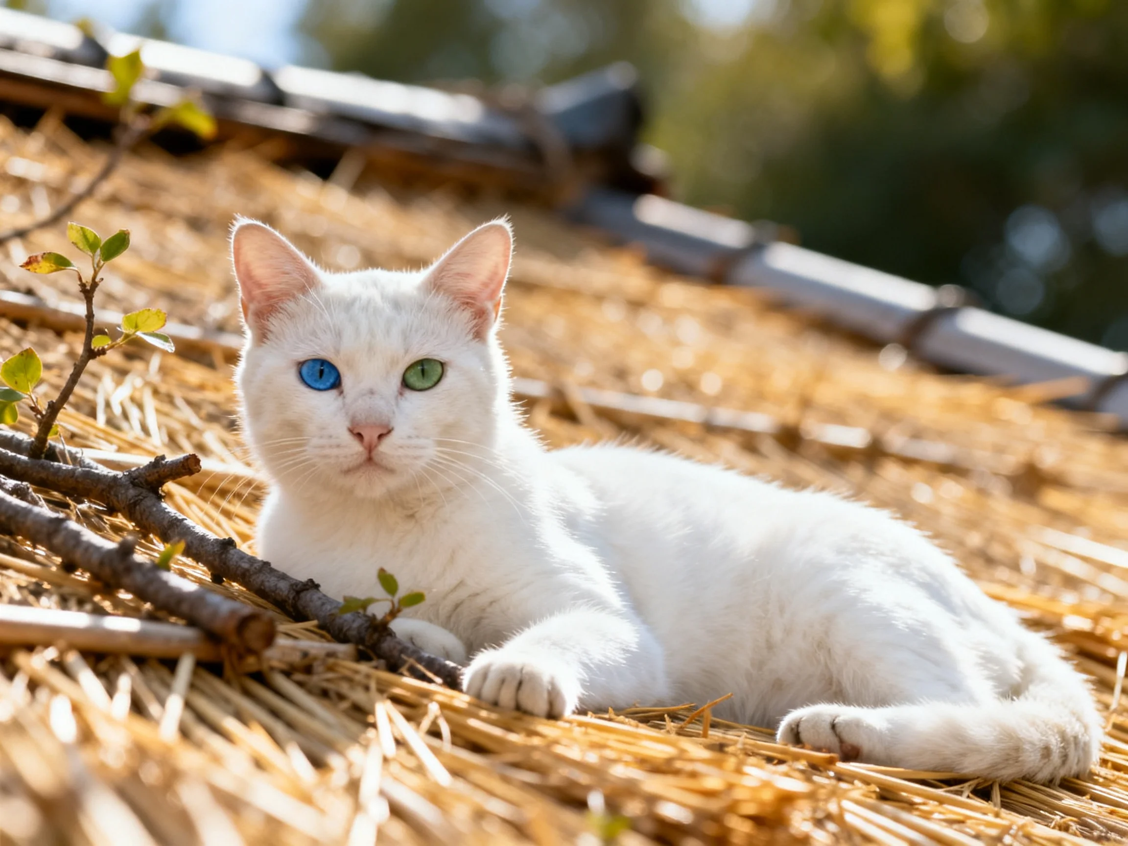 A white cat with heterochromatic eyes relaxes on straw in bright light
