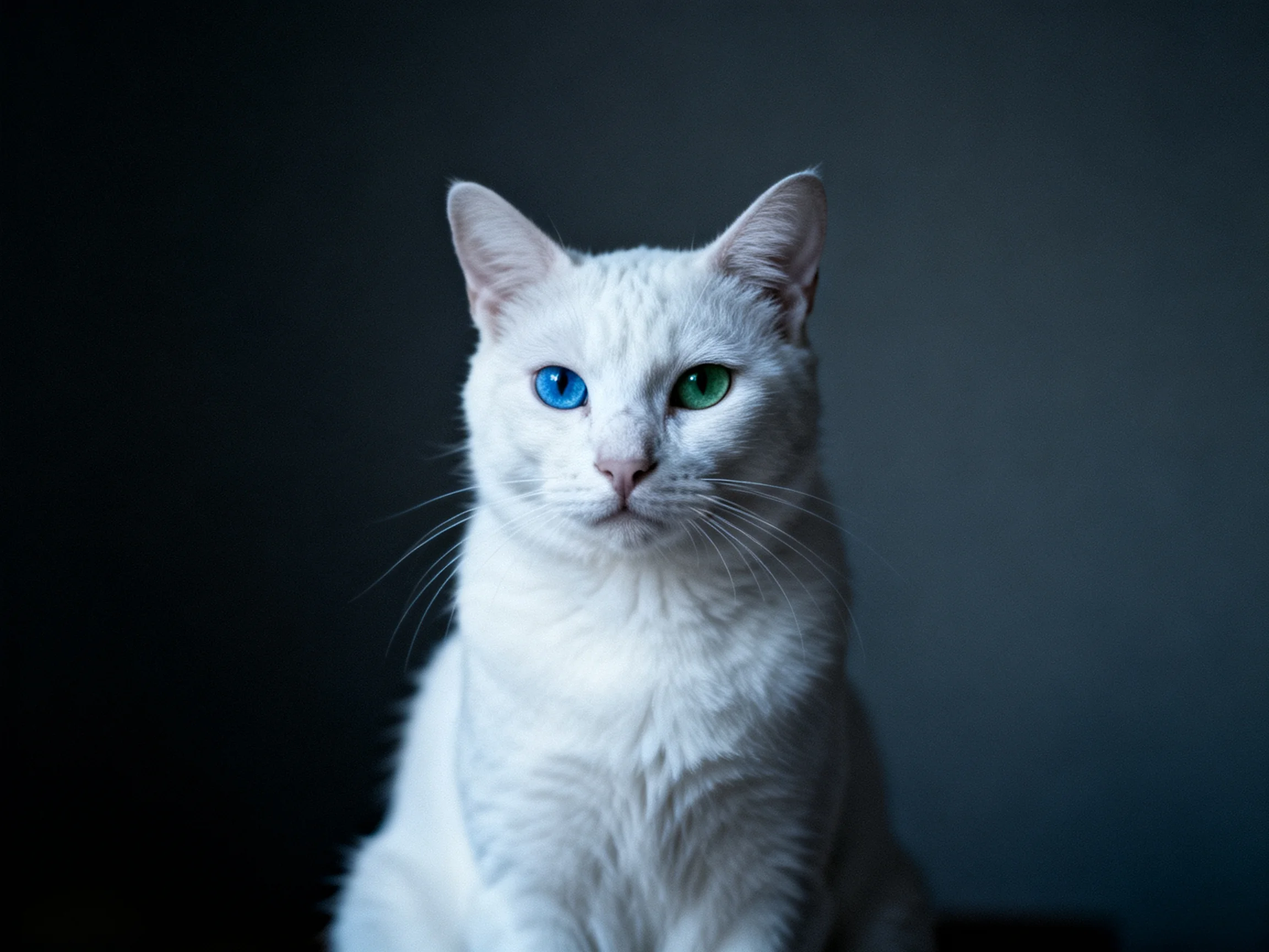 A white cat with differently colored eyes sits calmly against a dark backdrop.