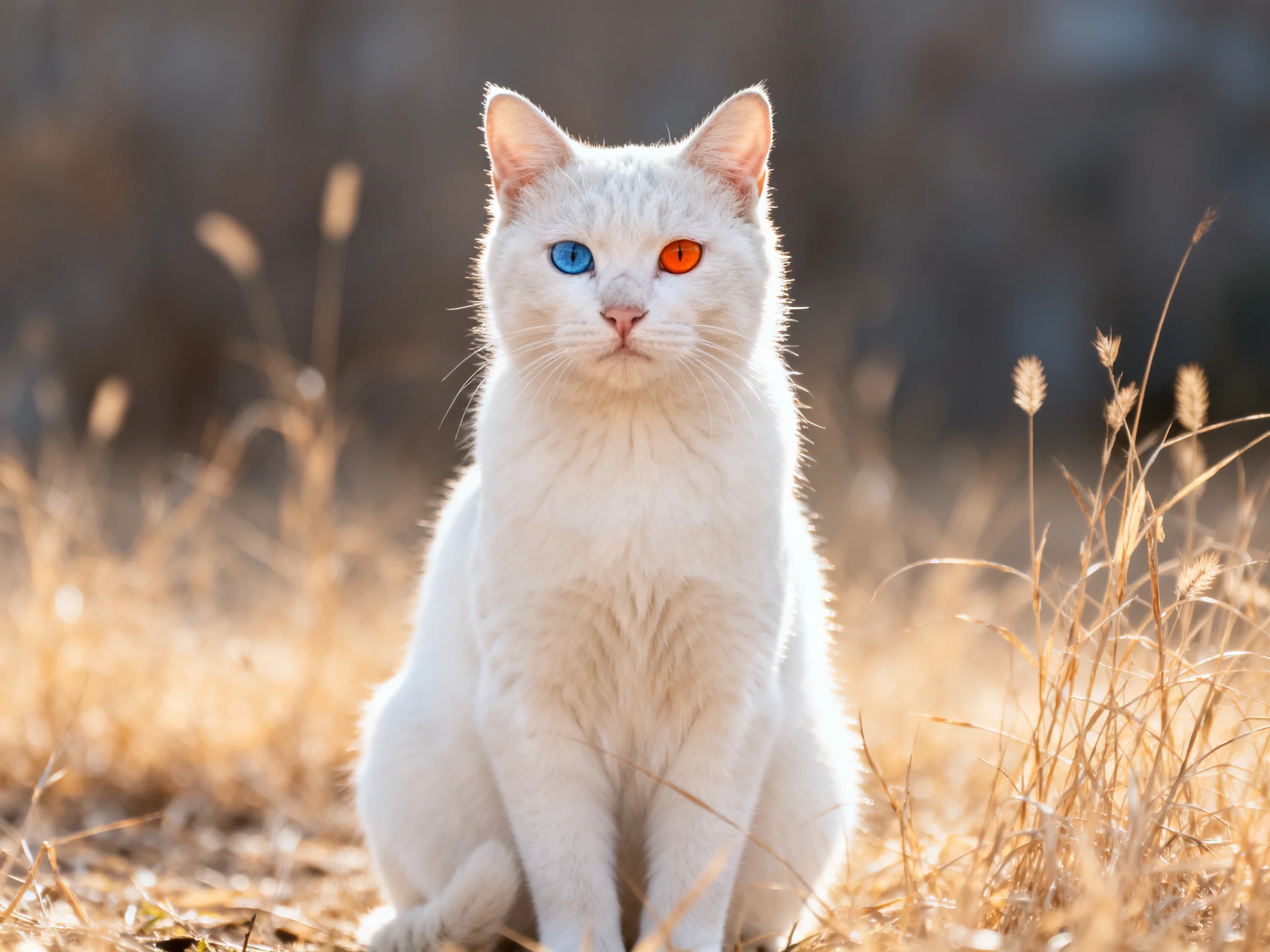 A white cat with differently colored eyes rests in dry, golden grass.