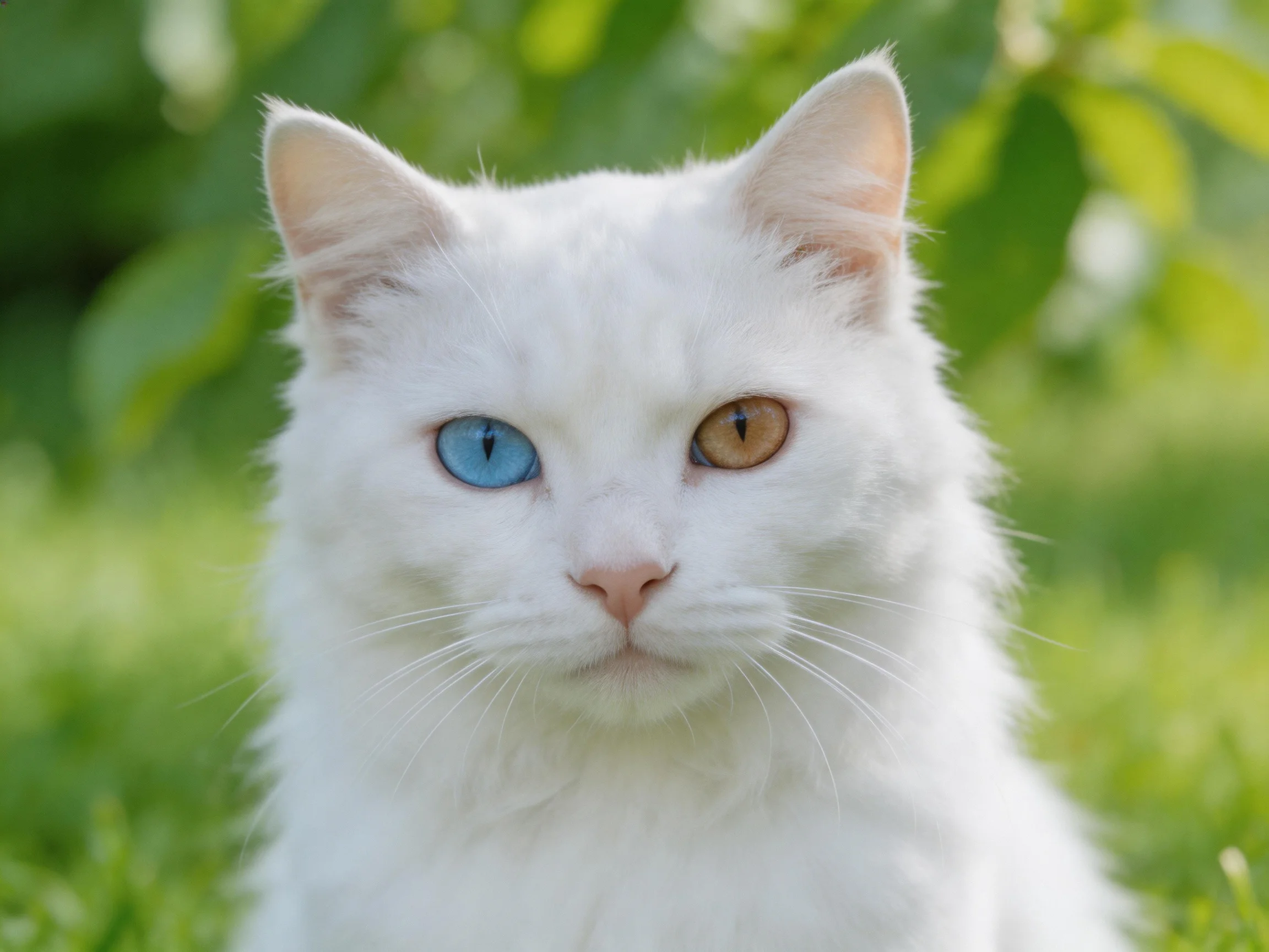 A white cat with differently colored eyes is in a green outdoor setting.