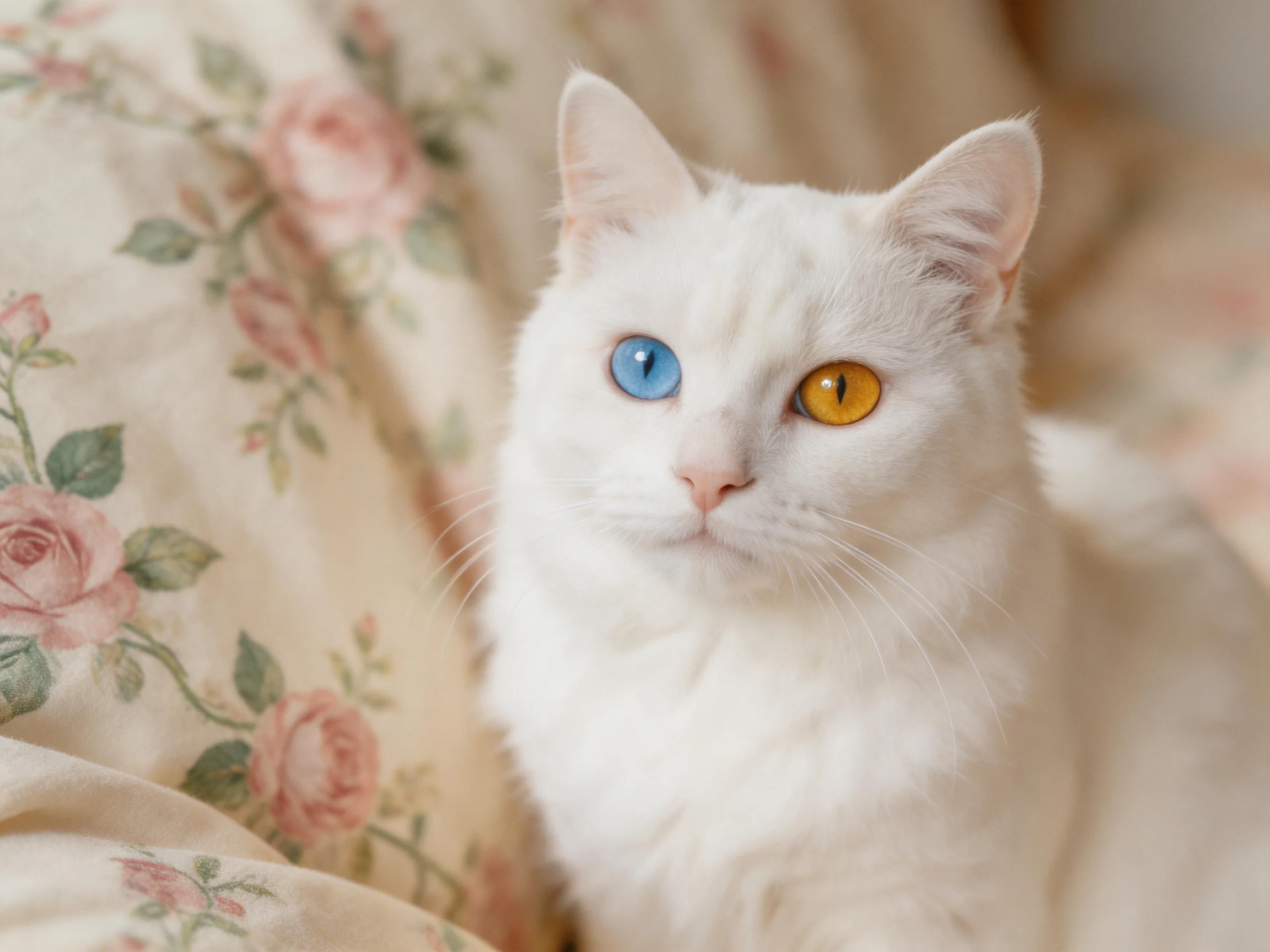 A white cat with differently colored eyes rests near floral fabric