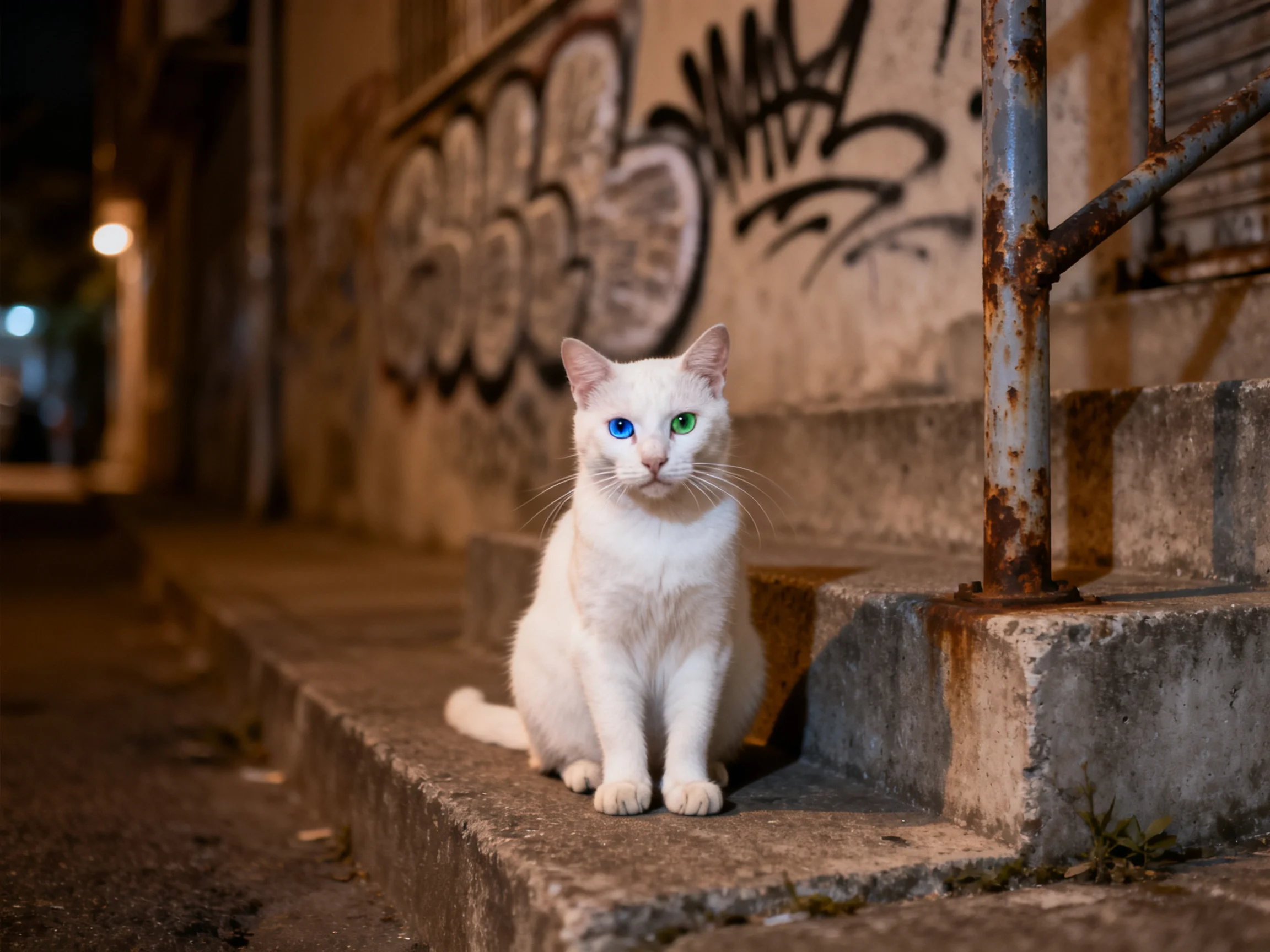 A white cat with heterochromatic eyes rests by graffiti on concrete stairs