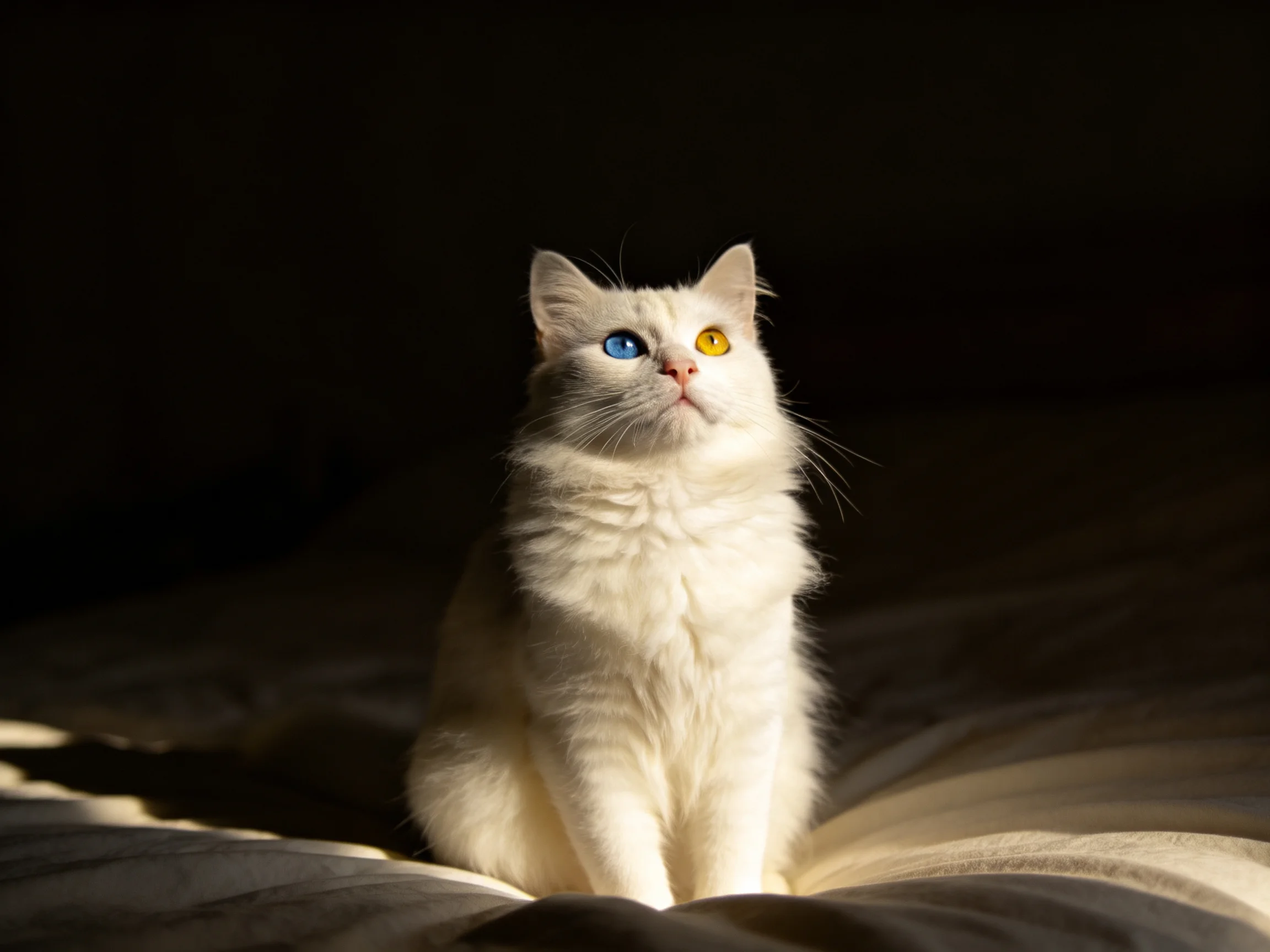 A white cat with two differently colored eyes sits on a bed in low light.
