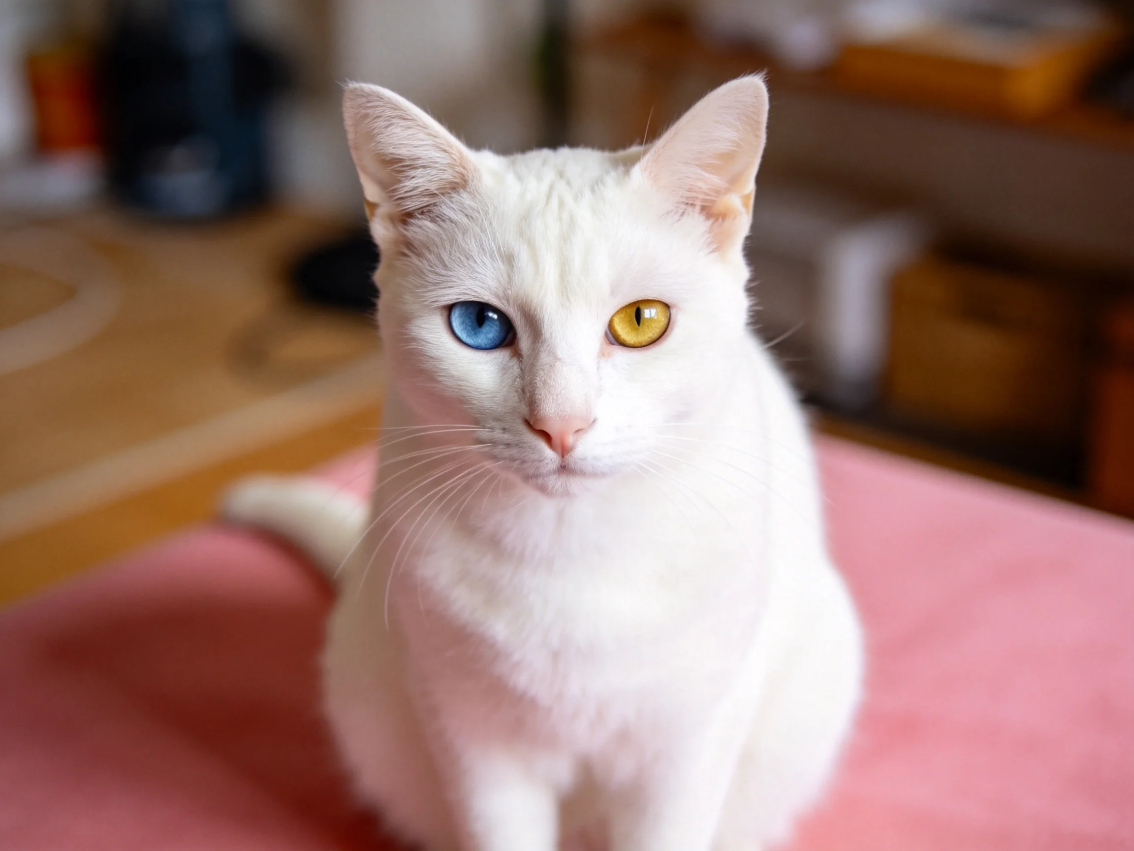 A white cat with two differently colored eyes sits on a pink surface.