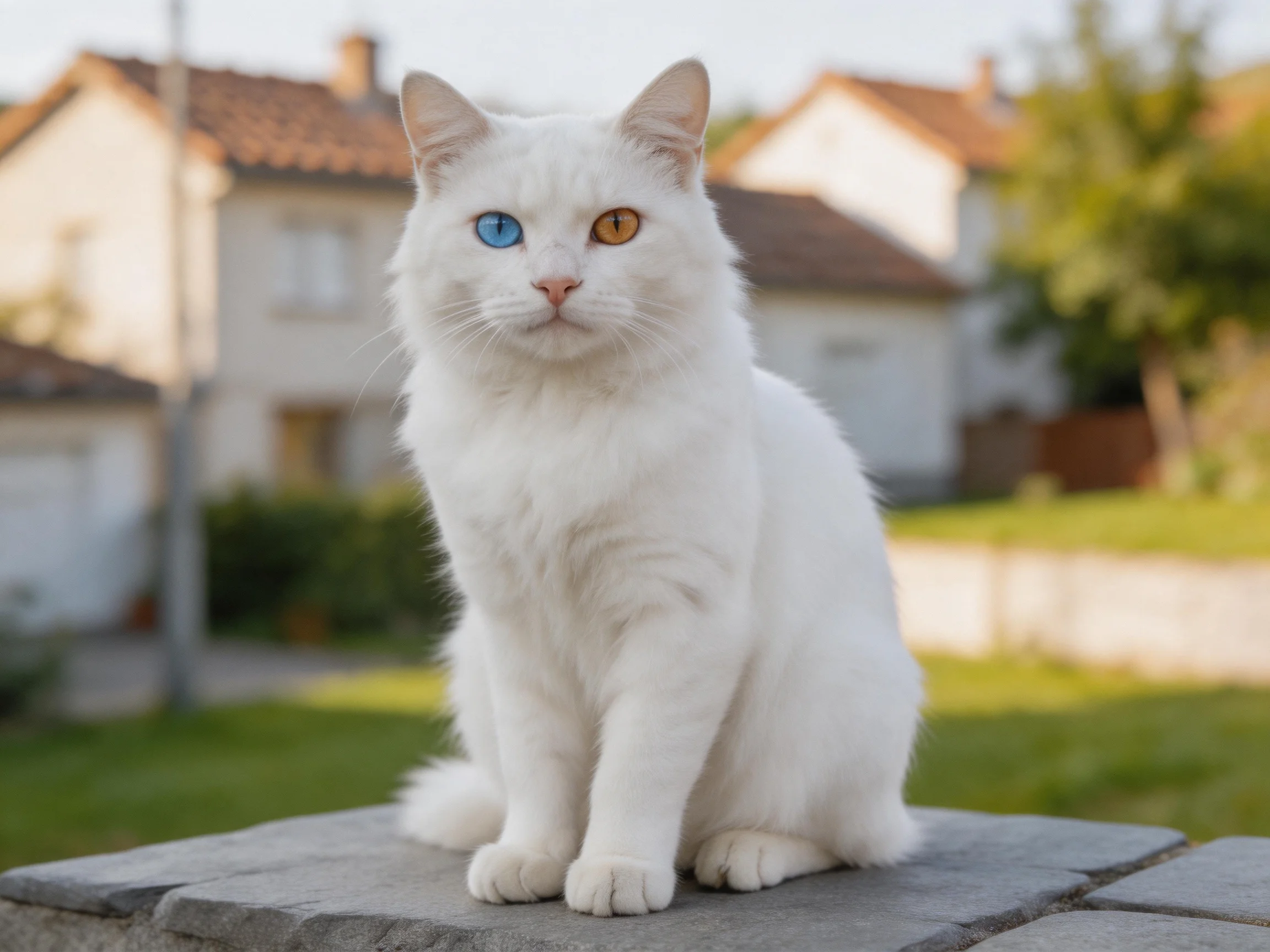 A white cat with differently colored eyes rests on a stone structure in a residential area.