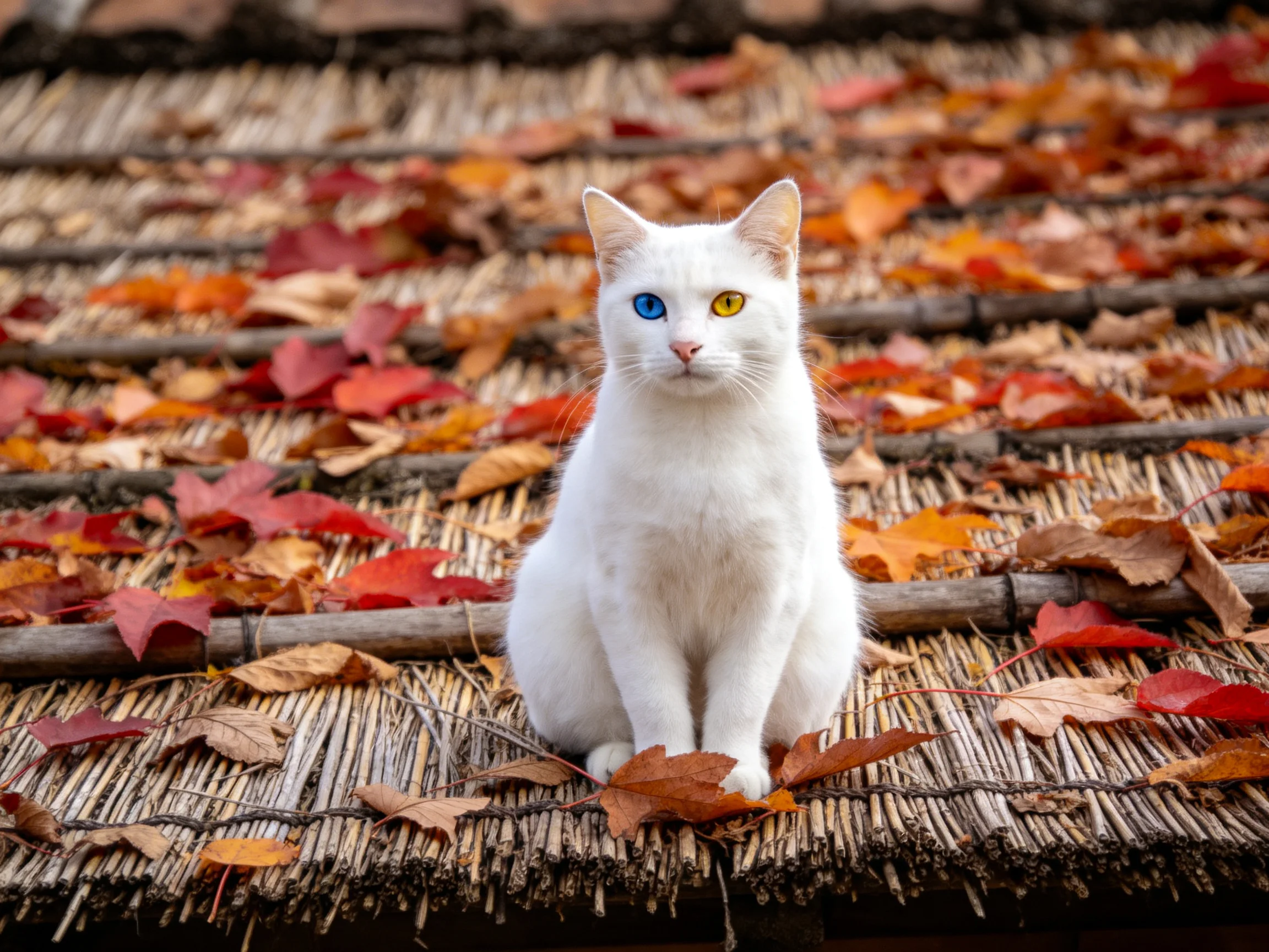 A white cat with differently colored eyes rests among autumn leaves on a straw structure.