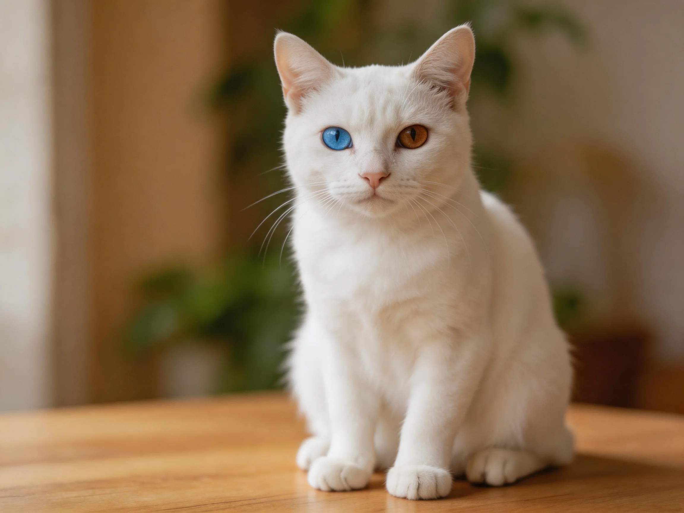 A white cat with differently colored eyes sits on a wooden table.
