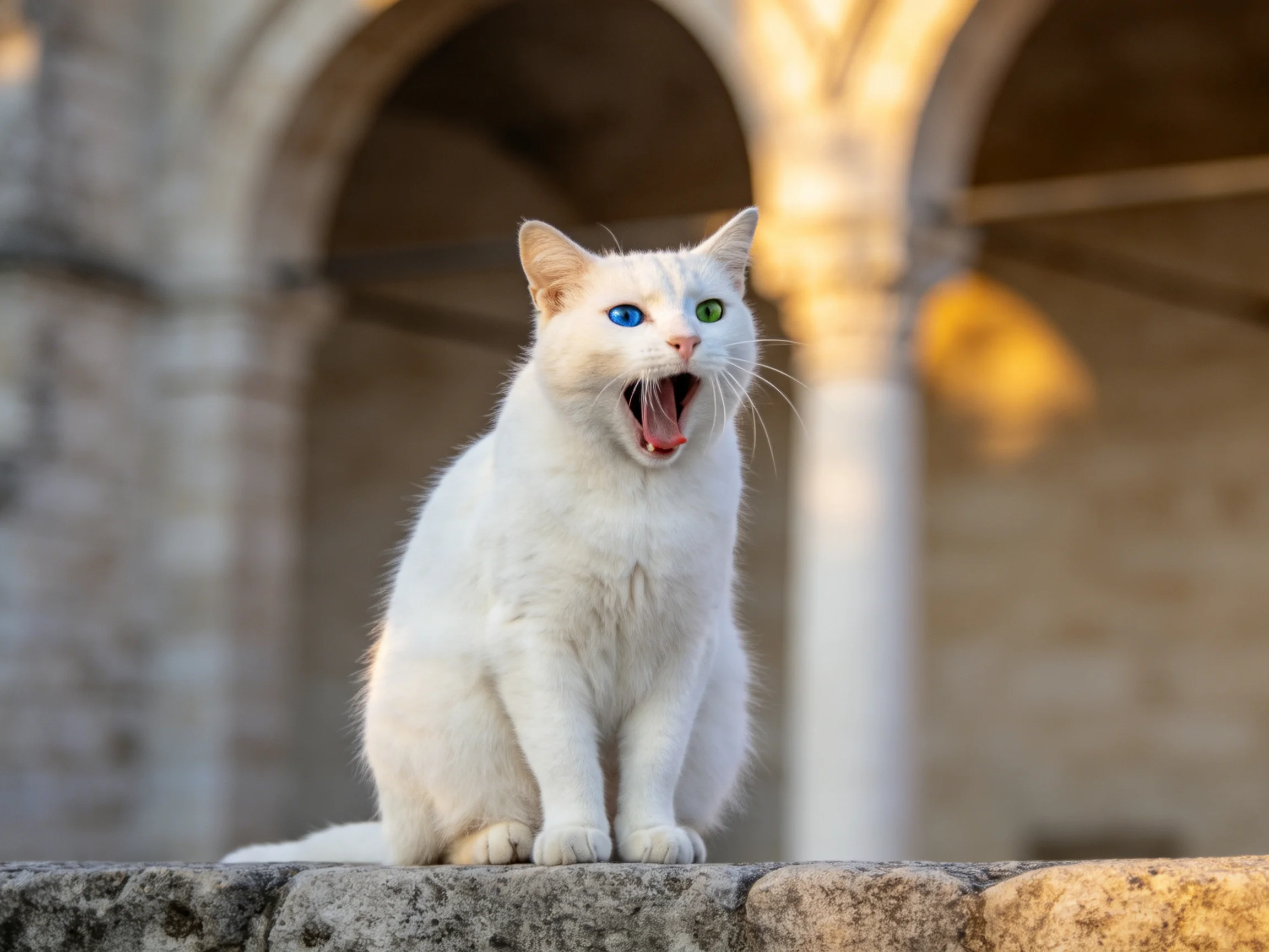 A white cat with colored eyes sits on stone near arches.