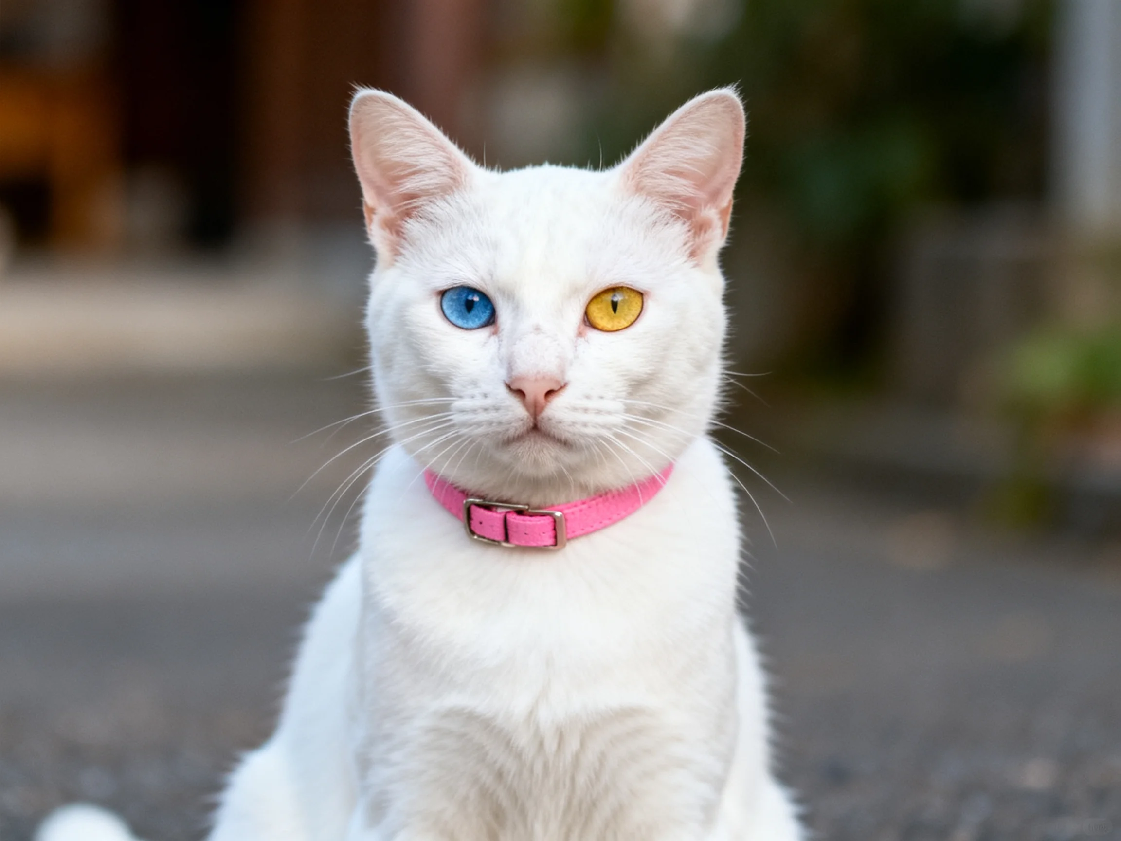 A white cat with differently colored eyes sits outdoors wearing a pink collar.