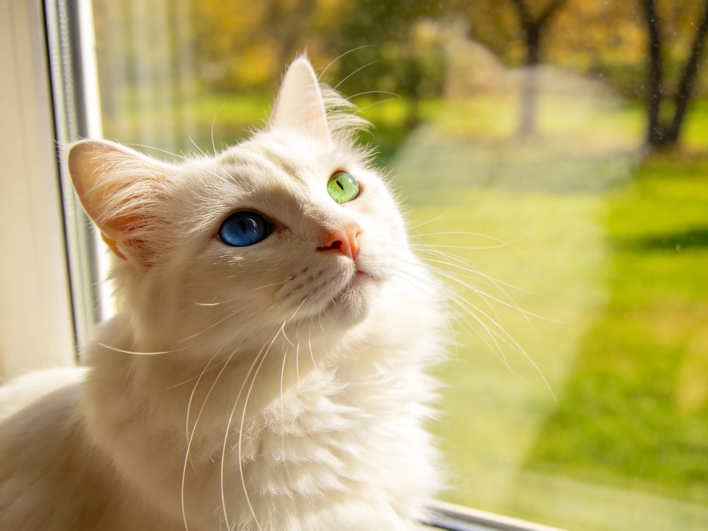 A white cat with differentlycolored eyes sits by a sunlit window looking outside.